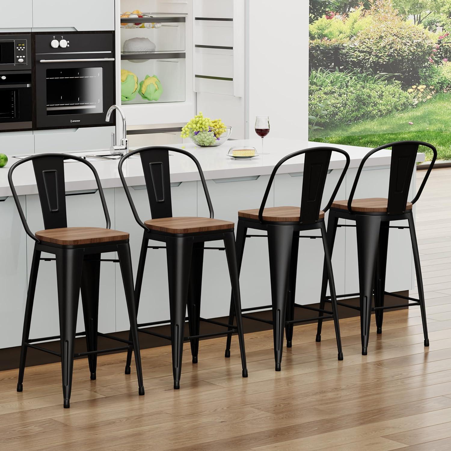 24" Black Metal and Wood Swivel Backless Bar Stools Set