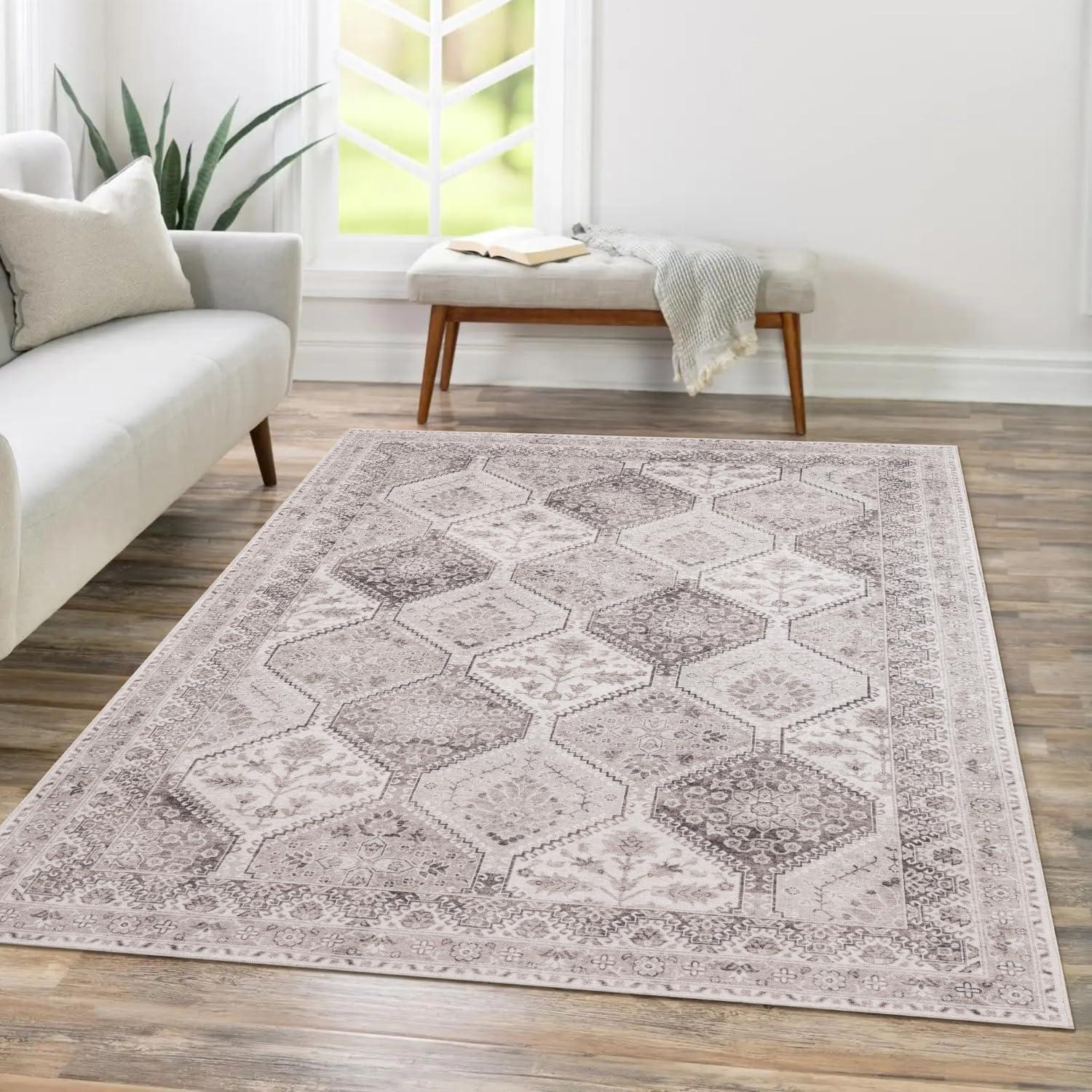 Gray and White 4' x 6' Washable Cotton Chenille Oriental Rug