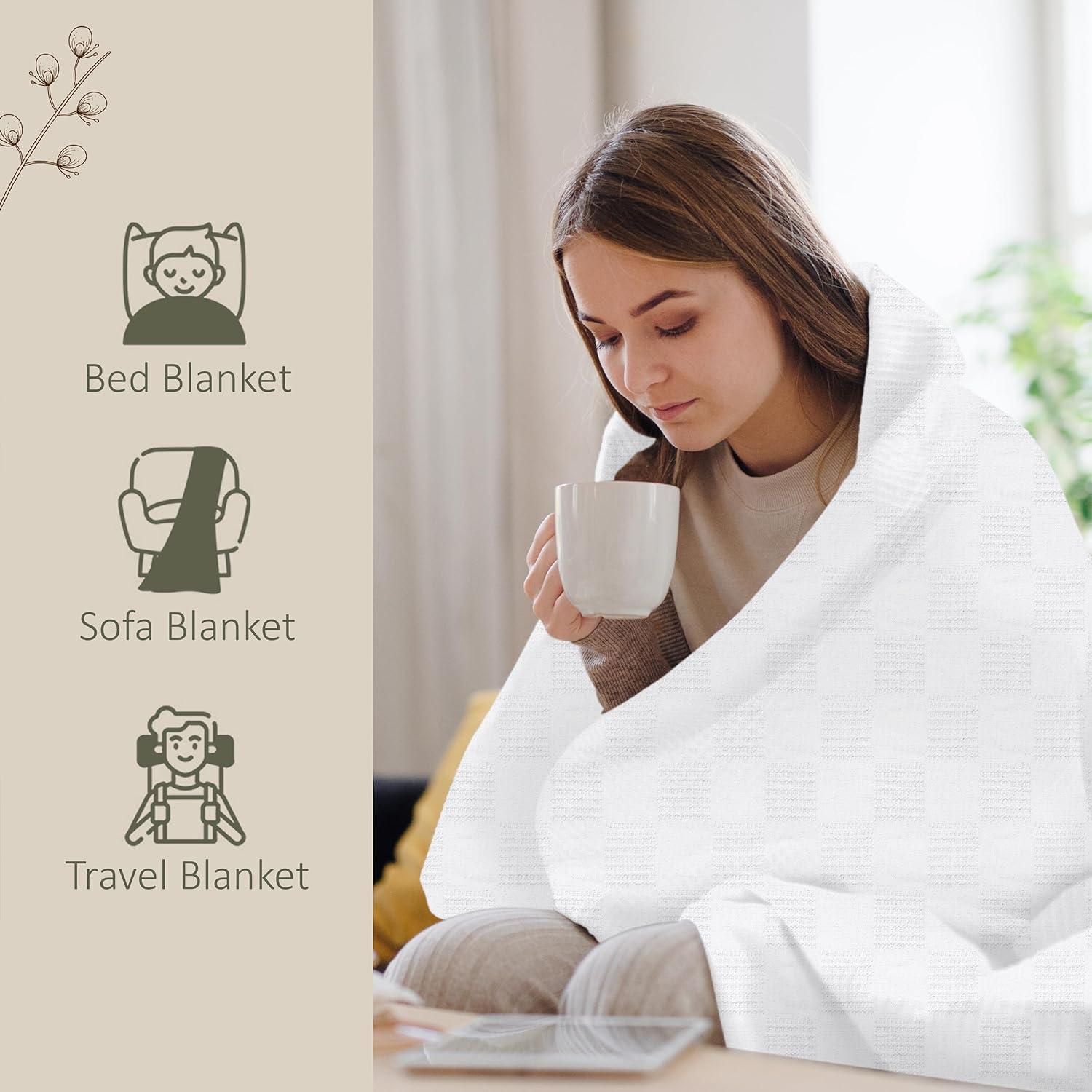 Oakias 100% Cotton Blanket Twin White - 350 GSM 90 x 72 Inches Soft Thermal Blanket Twin Size - Throw Blanket Lightweight, Breathable & Durable Summer Blanket for Bed, Couches & Living room