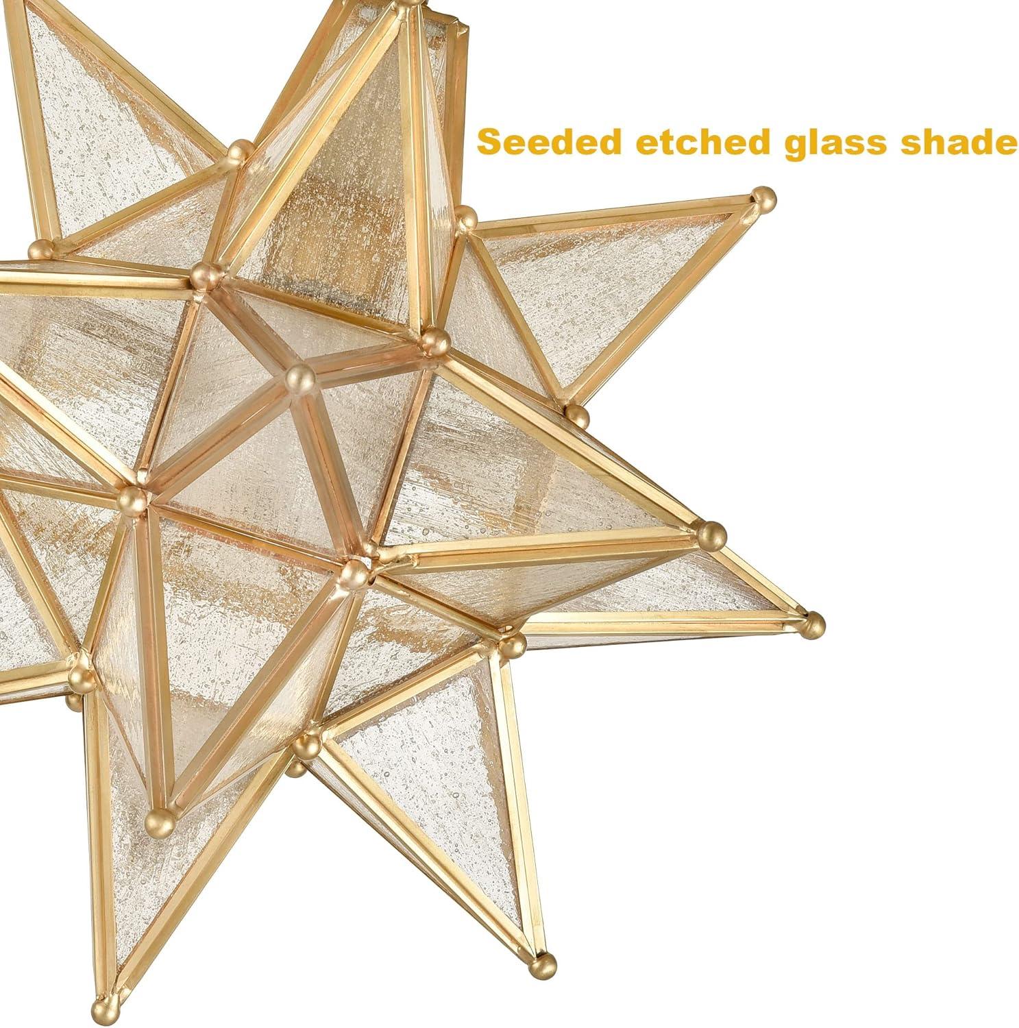 TANMAO  10-Inch Moravian Star Ceiling Light, Boho Moroccan Lamp with Seeded Glass Shade, Moravian Star Ceiling Light Modern Brass Flush Mount Lights for Office, Living Room, Dining Room, Kitchen