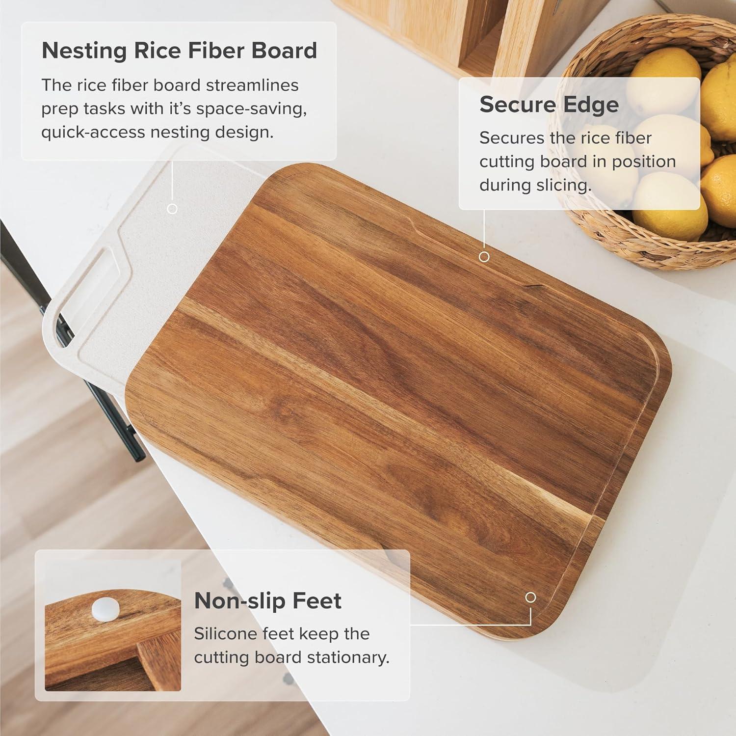 KitchenEdge Premium Acacia Cutting Board with Nesting Rice Fiber Chopping Board for Cooking Prep, 2 Piece Kitchen Set, Non-Slip Feet with Juice Groove, Heavy Duty Construction, Pre Oiled, 15" x 1