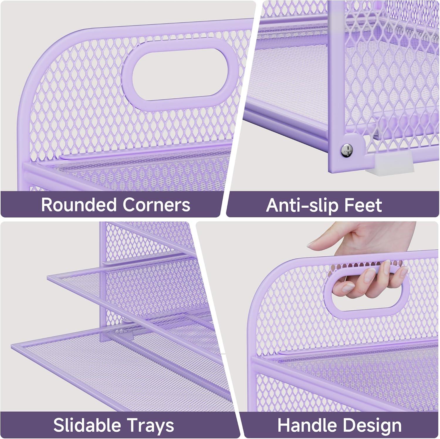Marbrasse Paper Organizer Letter Tray, 5 Tier Mesh File Organizer with Handle, Paper Sorter Desk Organizer for Home Office Supplies - Purple