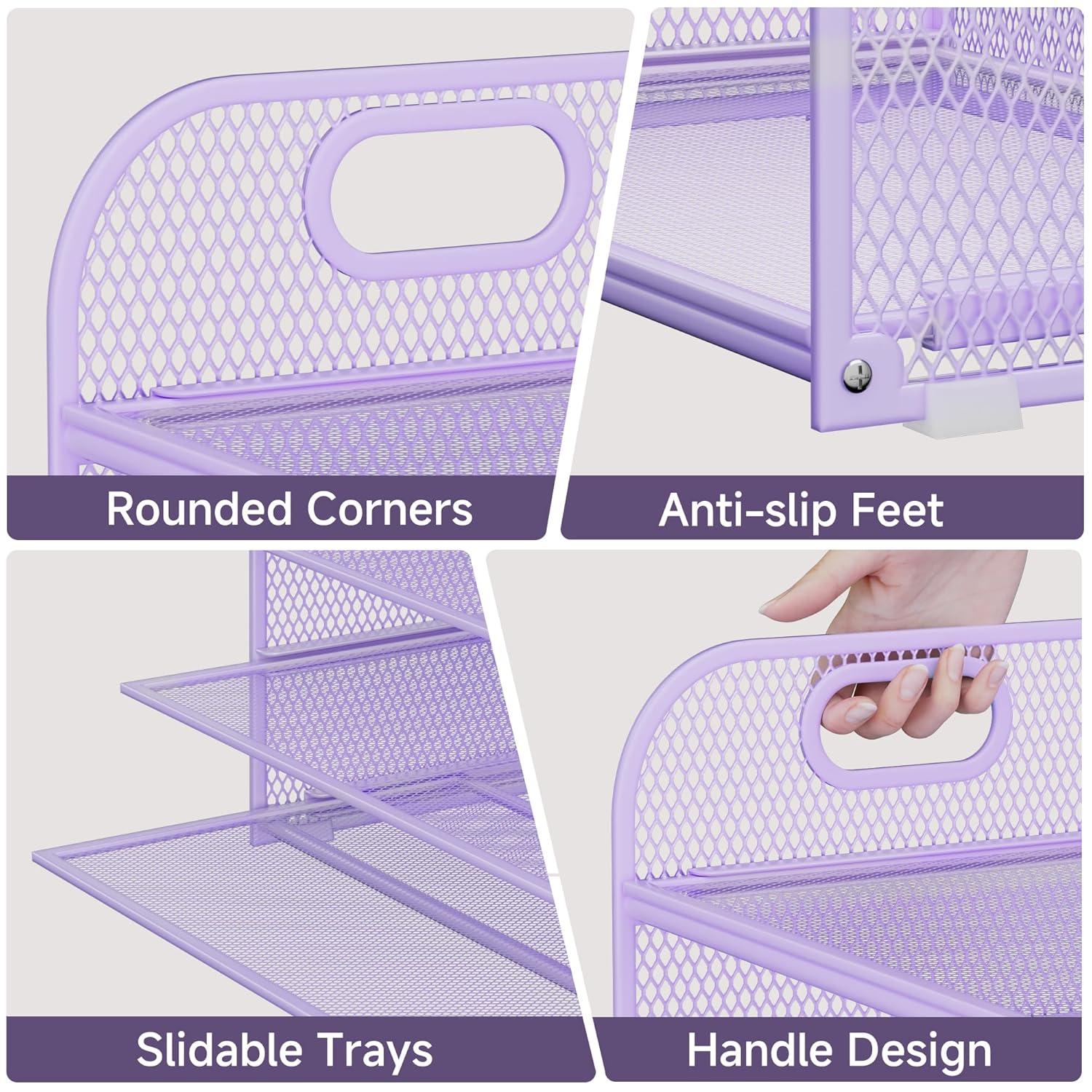 Marbrasse Paper Organizer Letter Tray, 5 Tier Mesh File Organizer with Handle, Paper Sorter Desk Organizer for Home Office Supplies - Purple