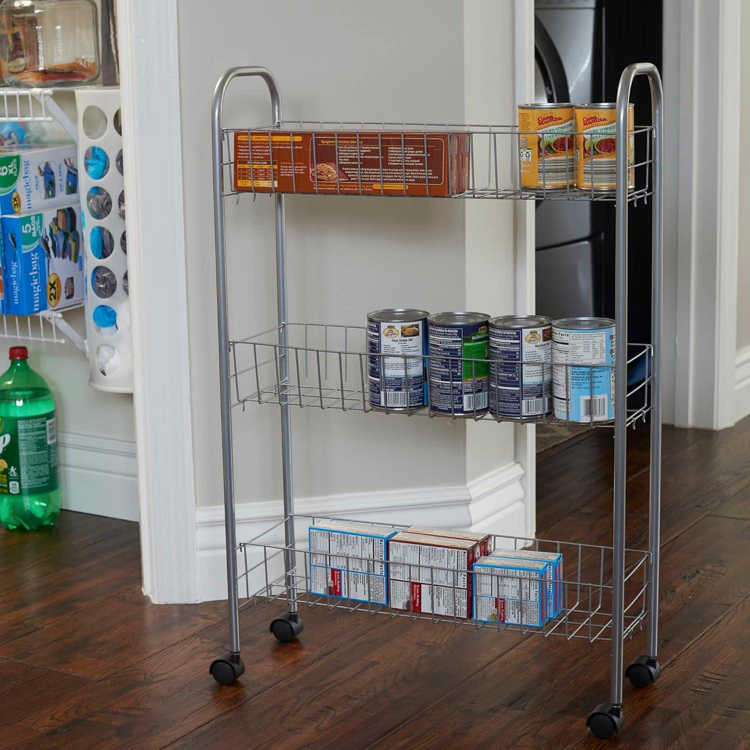 Slim Silver 3-Tier Rolling Storage Cart for Laundry and More