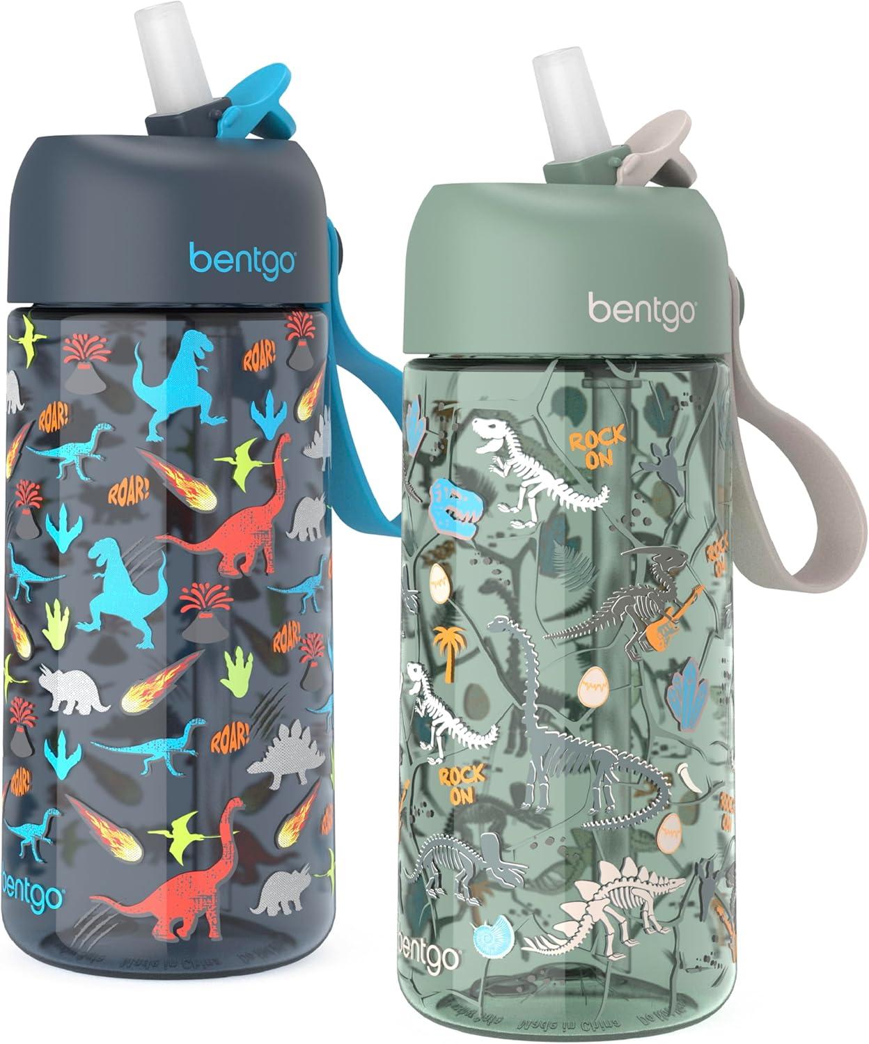 Bentgo® Kids Water Bottle 2-Pack - New, Improved 2023 Leak-Proof BPA-Free 15 oz Cups for Toddlers & Children - Flip-Up Safe-Sip Straw for School, Sports, Daycare, Camp (Dinosaur/Dino Fossils)