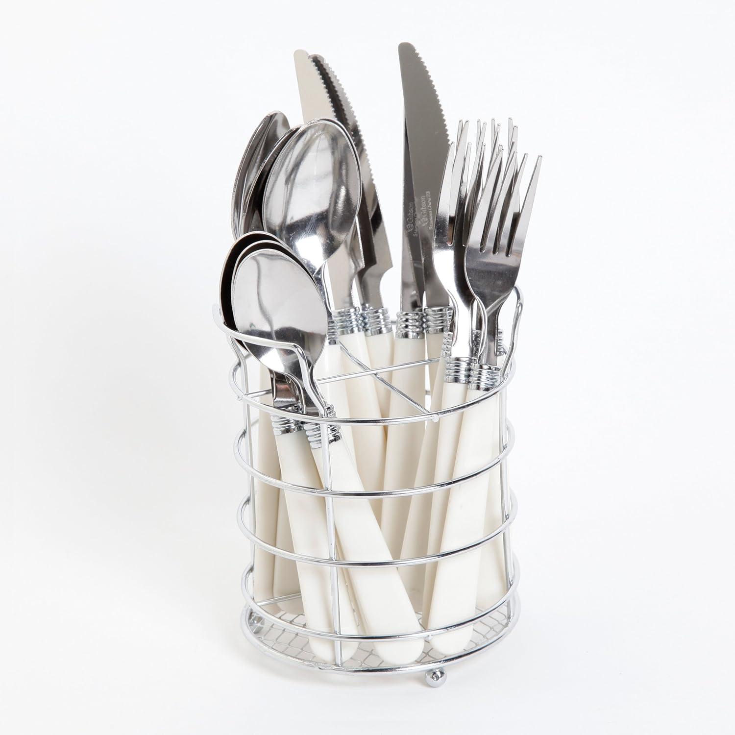 Gibson Sensations II 16 Piece Stainless Steel Flatware Set with White Handles and Chrome Caddy