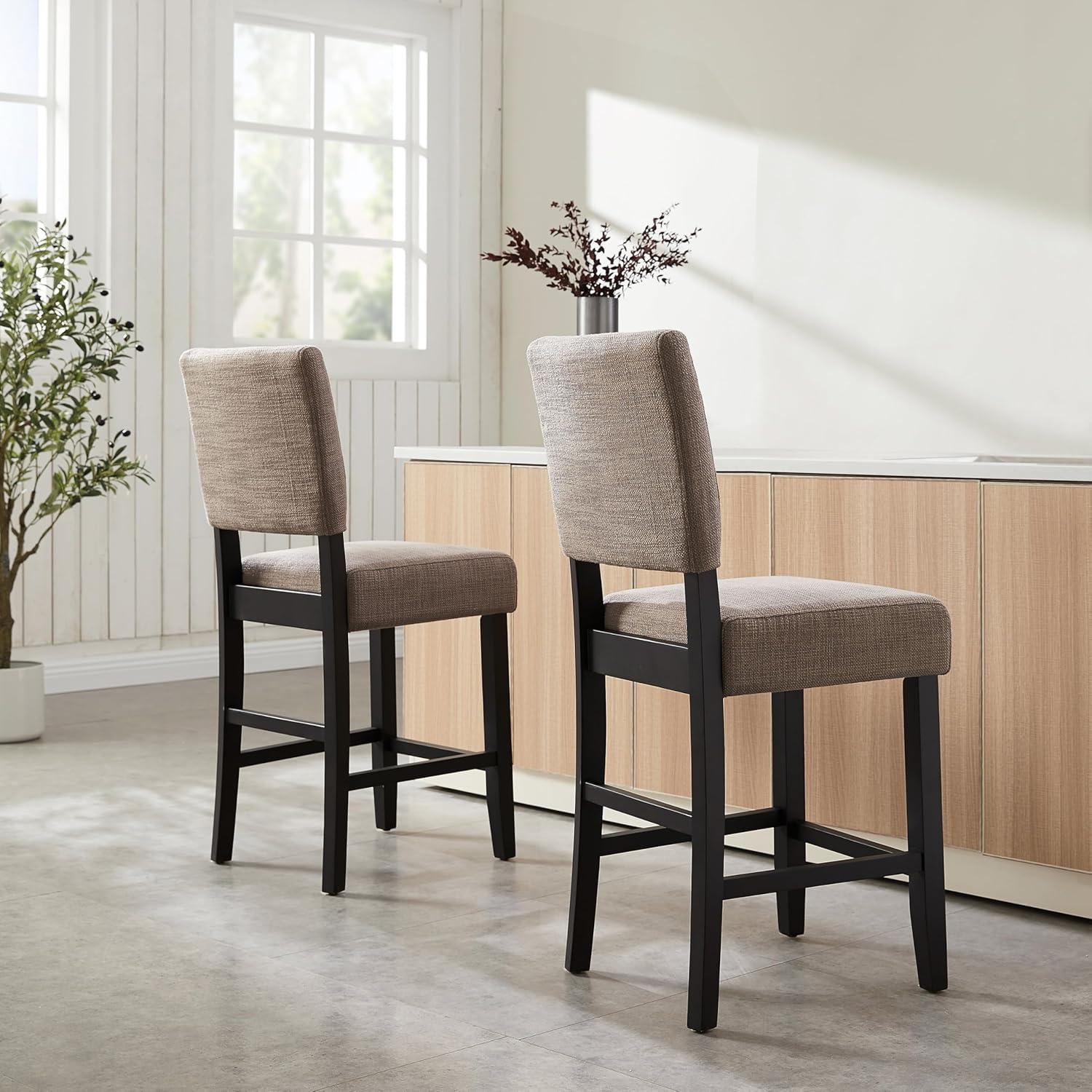 Leick Home Upholstered Back Counter Height Stool with Wood Base-Set of 2 Black and Gray Woven Fabric