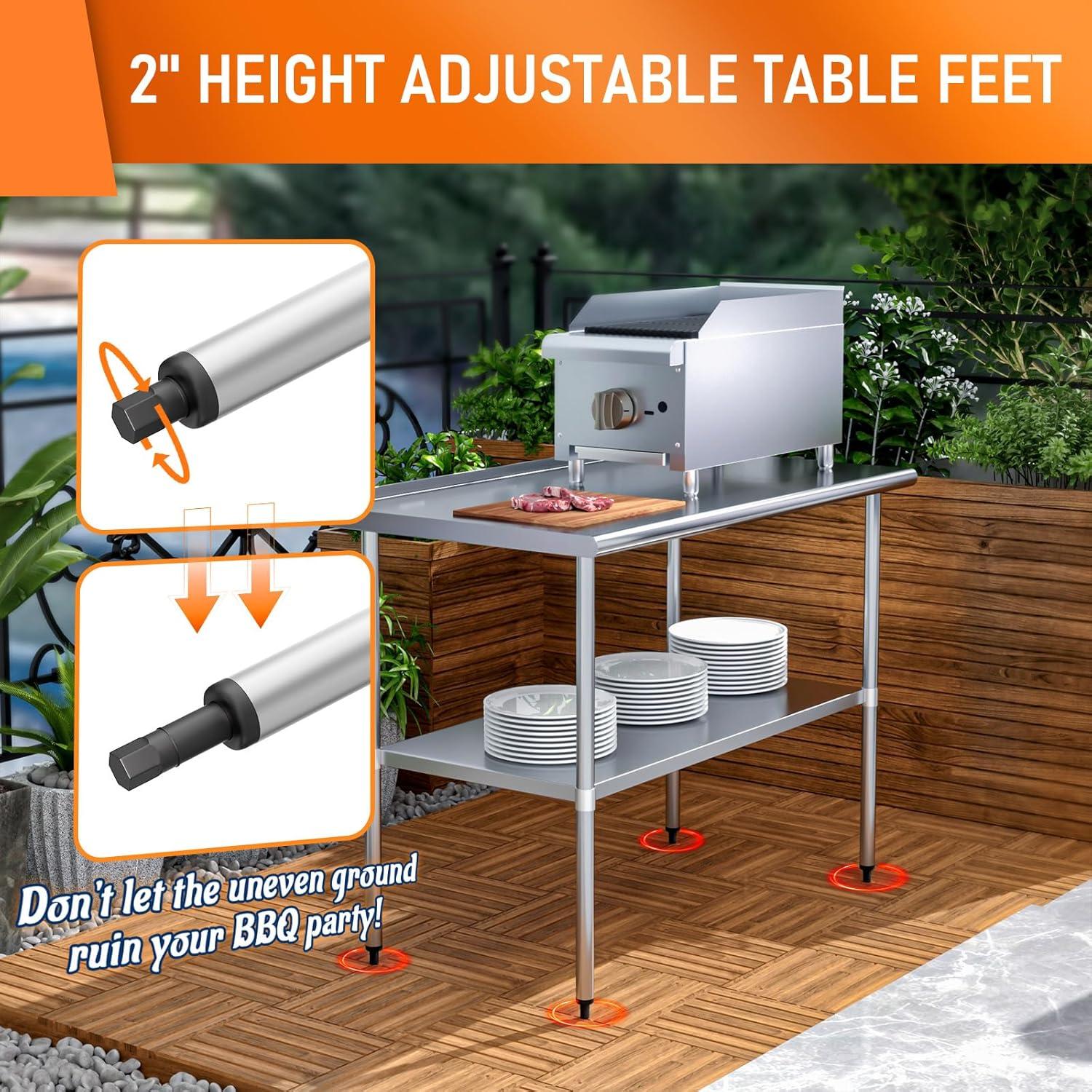 Stainless Steel Table 24 x 48 Inches Metal Prep Table with Backsplash & Adjustable Undershelf for Commercial Kitchen, Outdoor, Restaurant, Hotel & Garage
