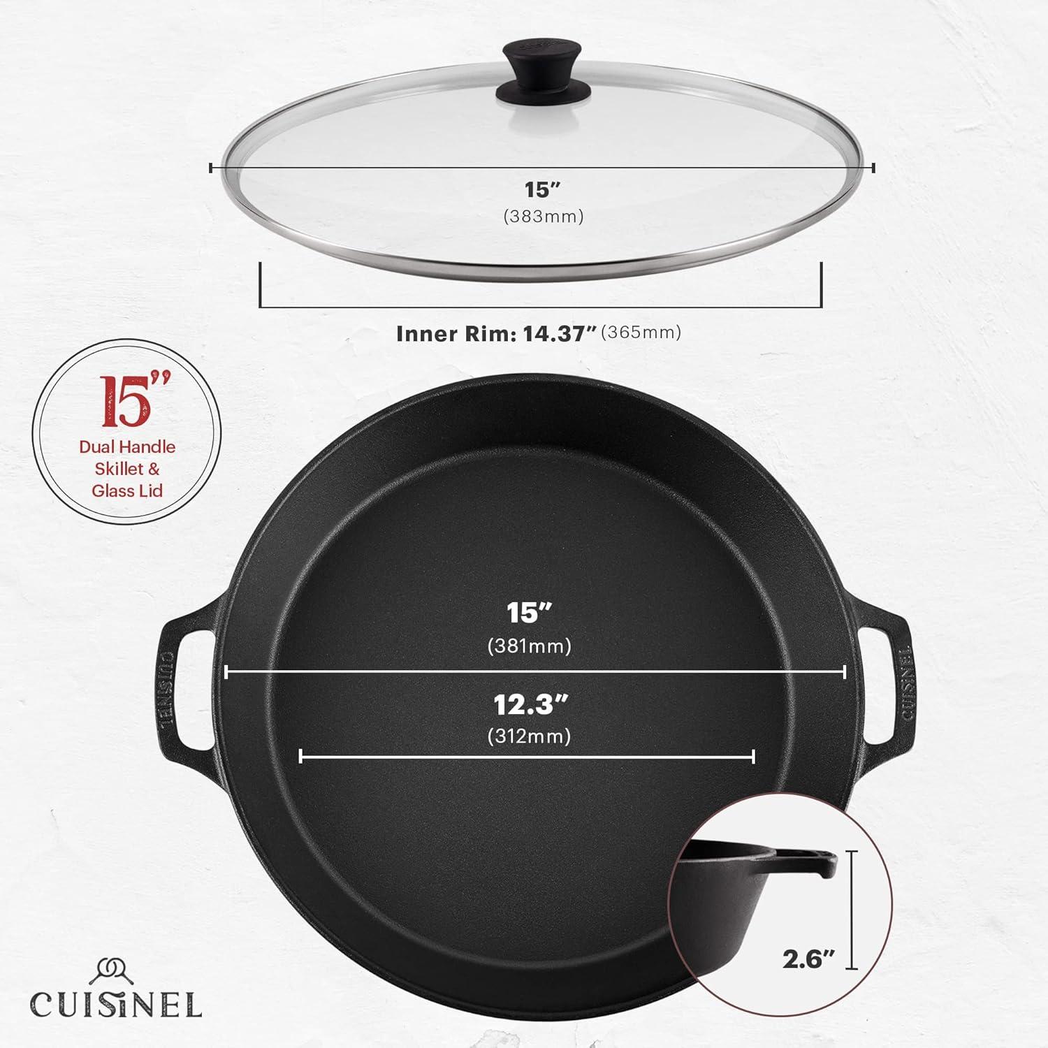 15-Inch Black Cast Iron Skillet with Glass Lid and Red Silicone Handles