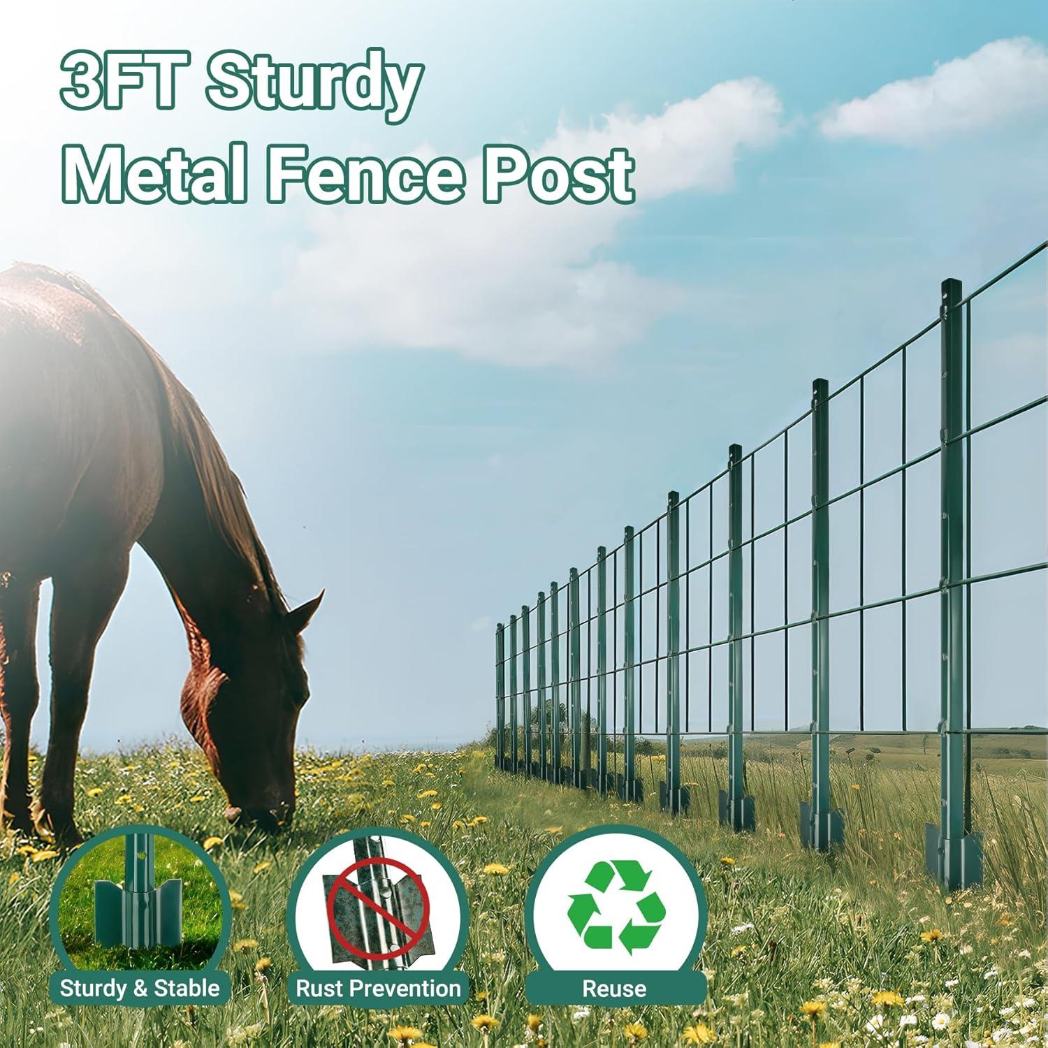 Fence Posts 3Feet - 10Pack, Heavy Duty Metal Fence Post with U-Channel, Steel Fence U-Post for Holding Garden Wire Fence, Corner Anchor Posts etc.