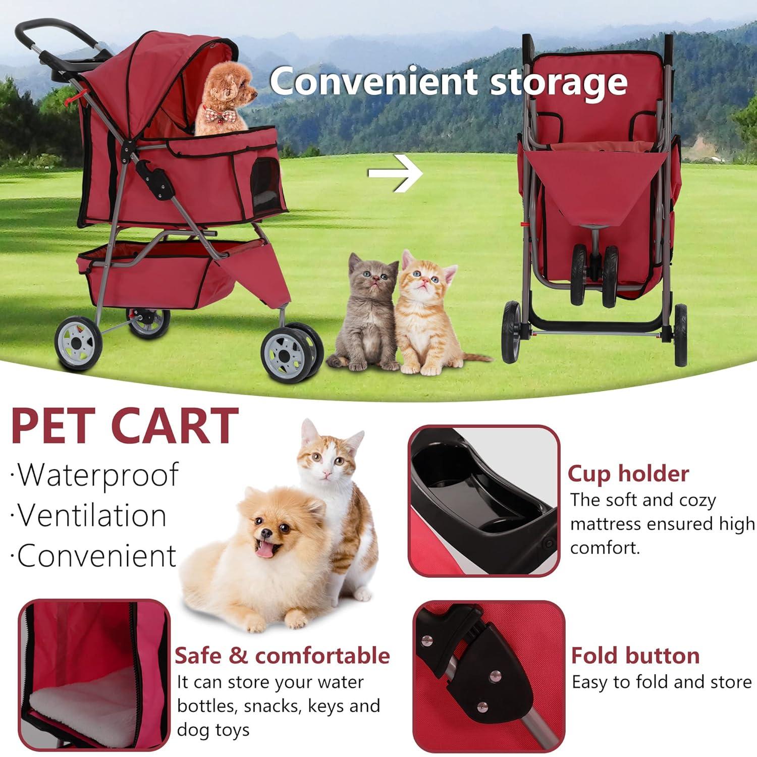 Pet Stroller Foldable Dog Stroller 3-Wheel Durable Cat Jogger Stroller For Small And Medium Dogs Cats With Washable Liner Storage Basket Cup Holder