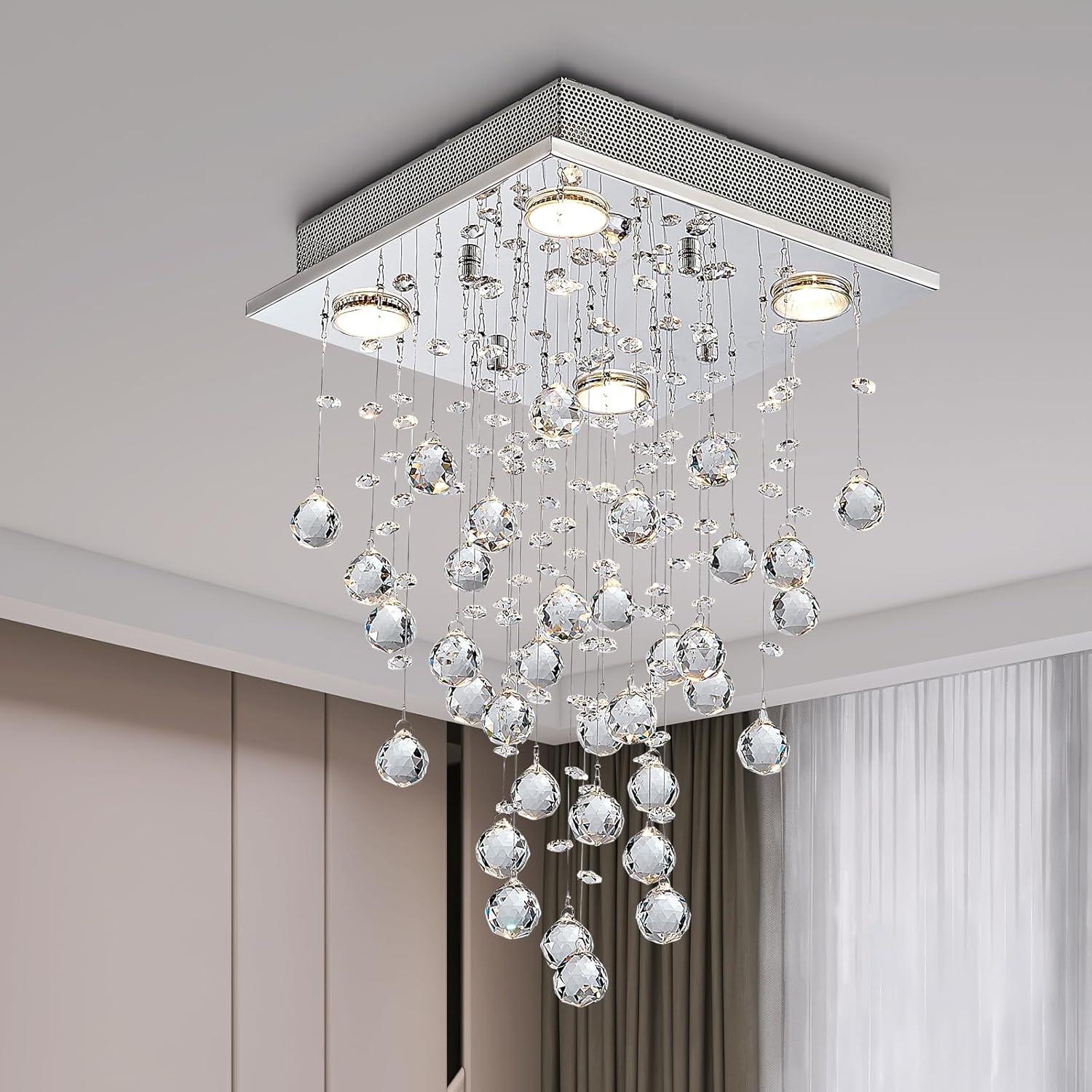 Chrome and Crystal Modern Square Raindrop Chandelier