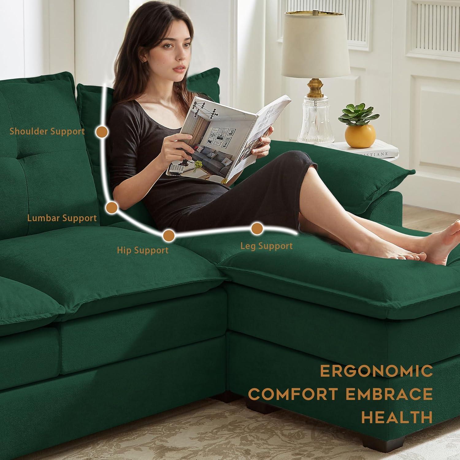 82" Convertible Sectional Sofa, L-Shaped Comfy Cloud Couch with Reversible Chaise and Padded Armrests, Modern Polyester 3 Seat Sofa Couches for Living Room (Green)