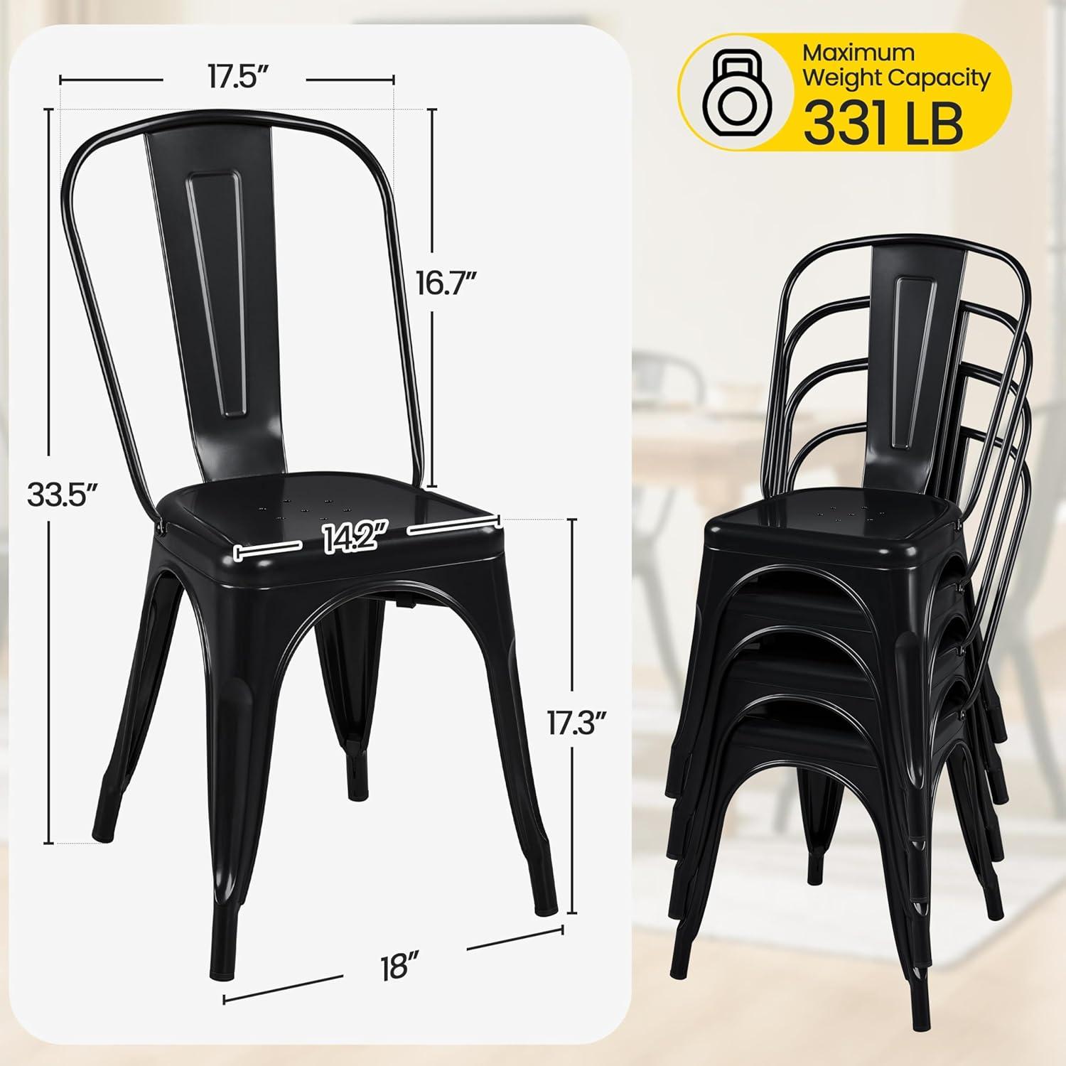 Metal Chairs Set of 4, Stackable Metal Patio Chairs 18 Inch Seat Height, Indoor/Outdoor Tolix Side Chair with Back, 330LBS Weight Capacity, Chic Kitchen Dining Chairs, Black