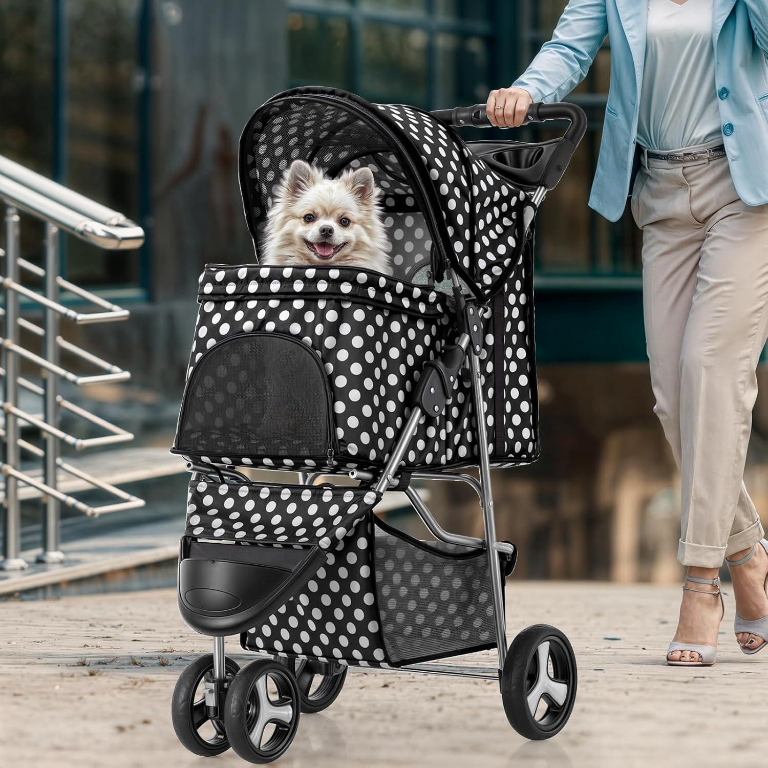 Pet Stroller Dog Cat Stroller Foldable Stroller With Adjustable Canopy