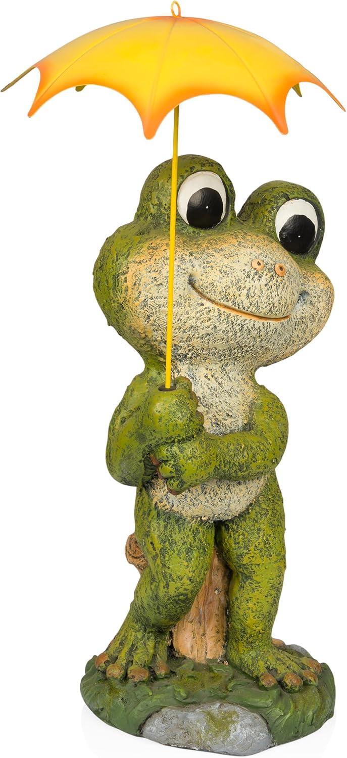 Green Frog Garden Statue with Yellow Umbrella, 23"