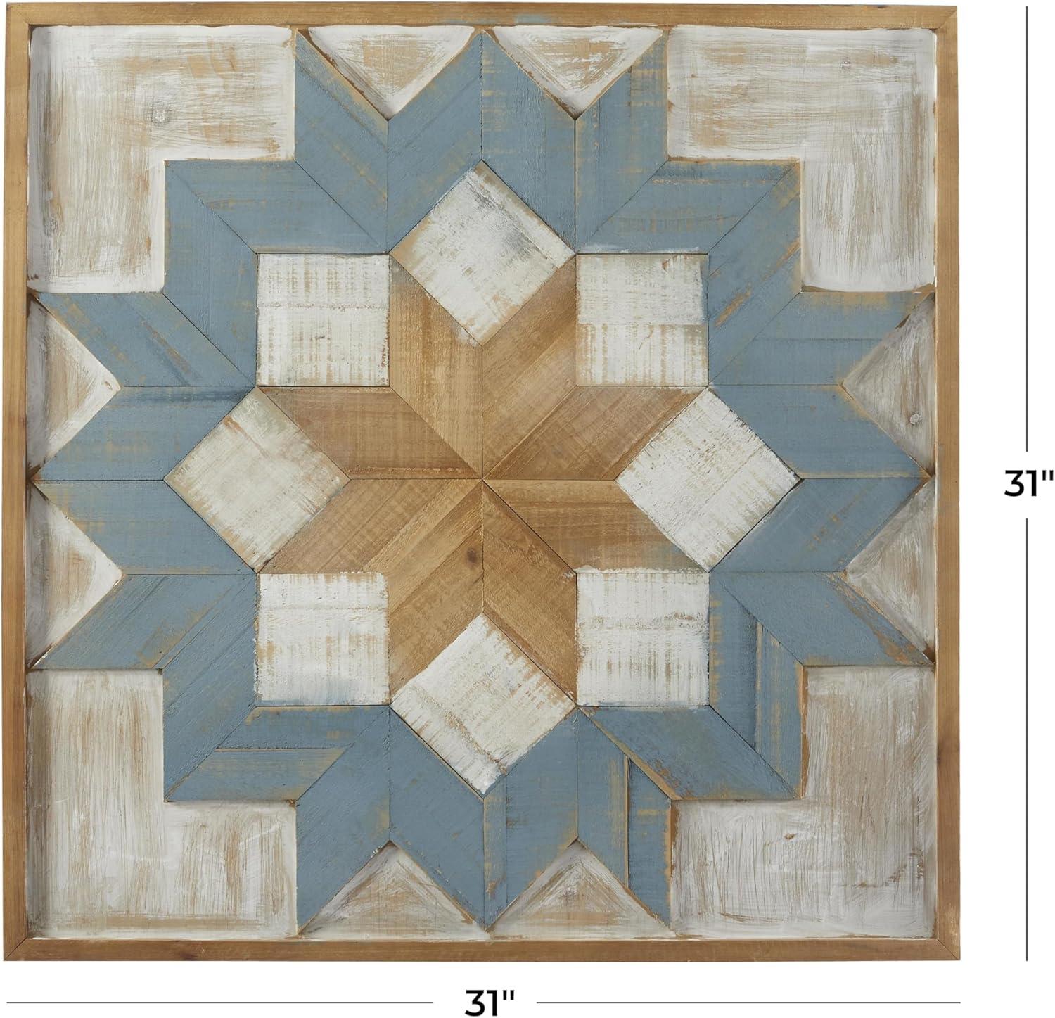 Rustic Blue and Brown Geometric Wooden Wall Sculpture