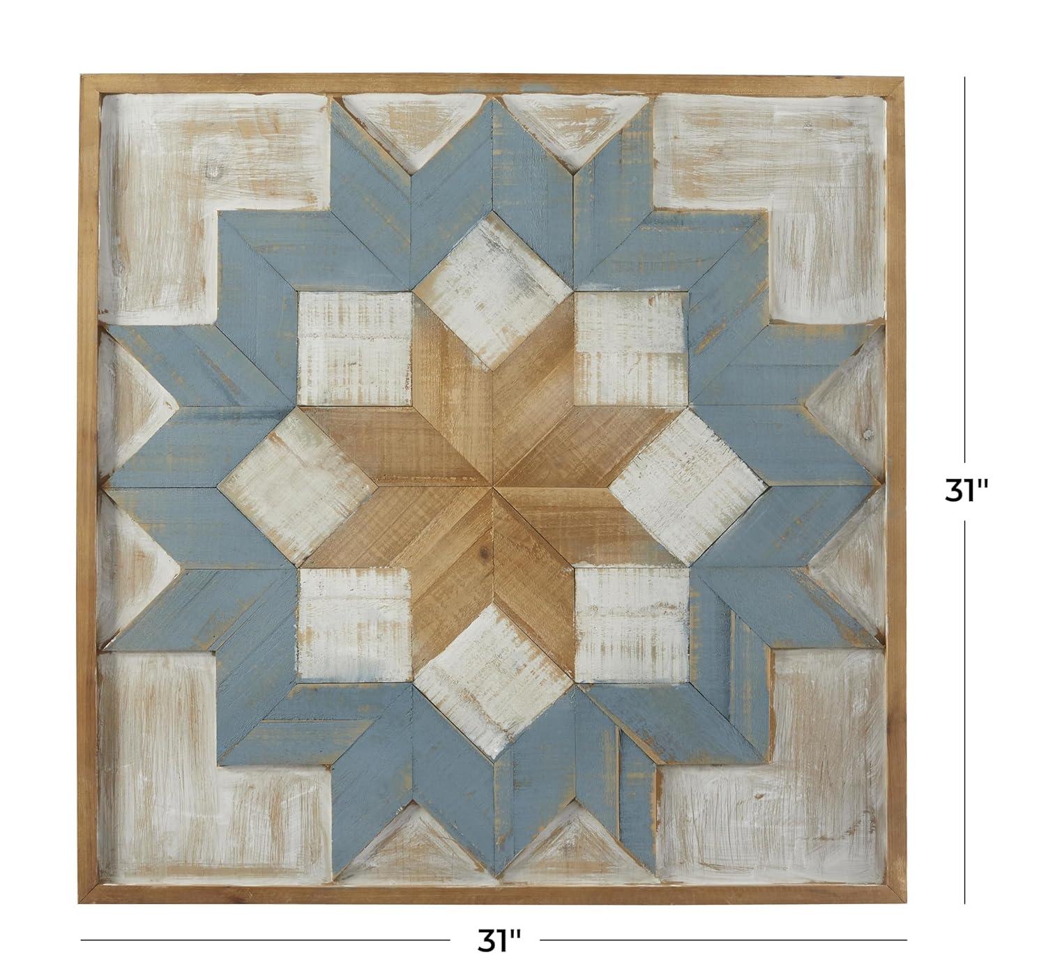 Rustic Blue and Brown Geometric Wooden Wall Sculpture