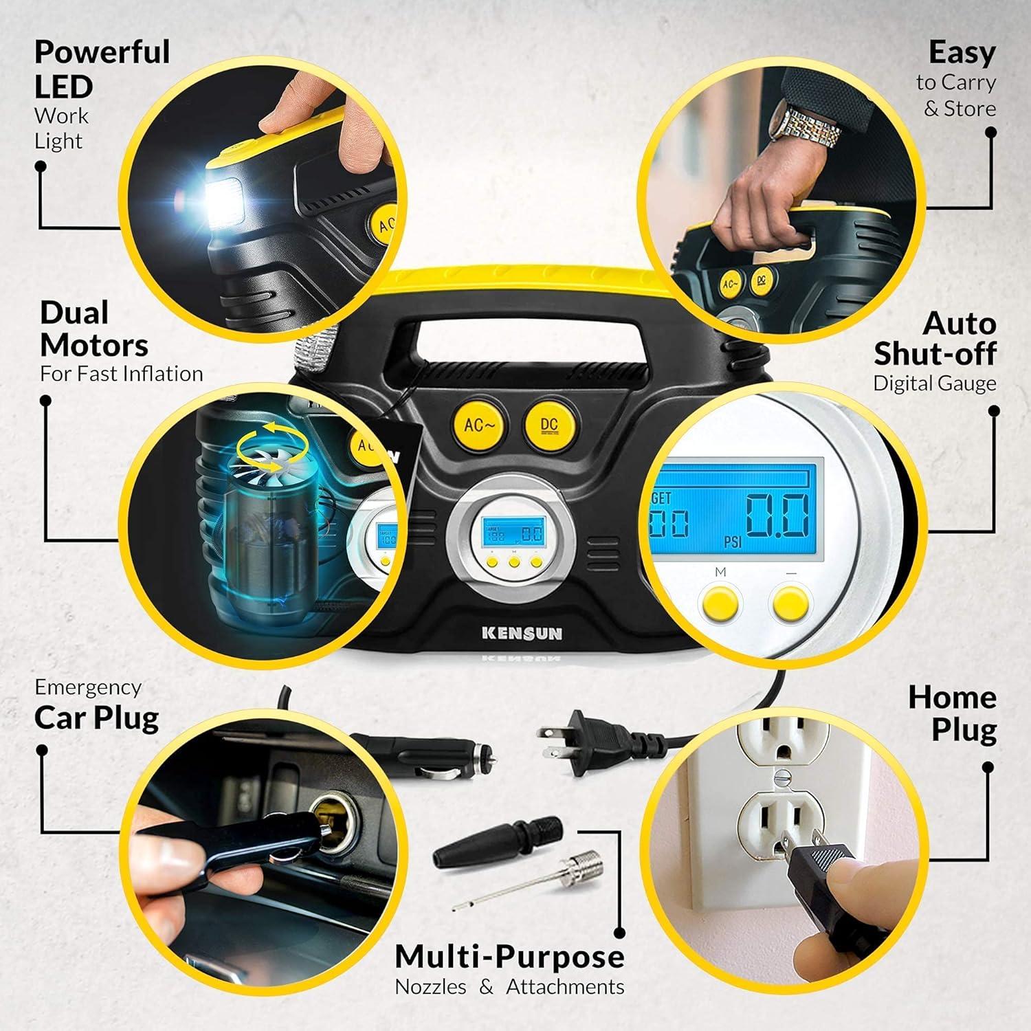 Kensun Air Compressor for Tires - Portable Tire Inflator Air Pump for Car - Electric Tire Compressor for Home and Car - Air Compressor Tire Pump - Air Pump for Cars, BIkes, And Inflatables