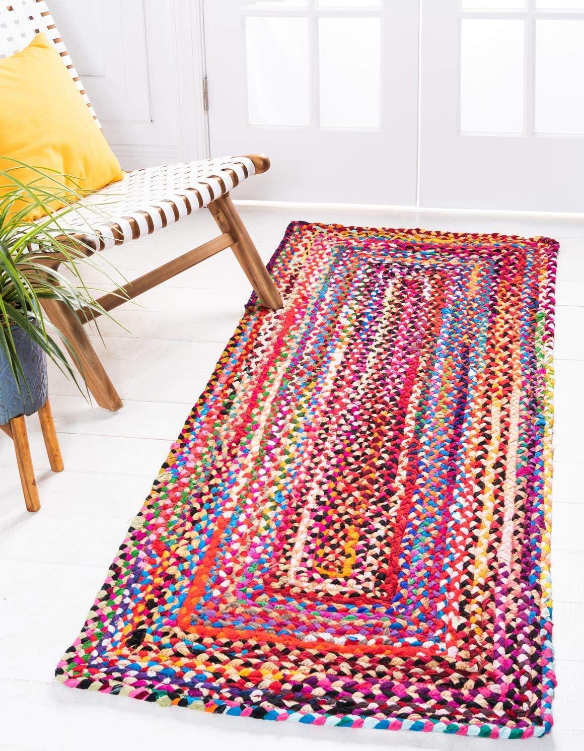 Unique Loom Layer Braided Chindi Rug Multi/Blue 2' 7" x 6' 1" Runner Braided Abstract Comfort Perfect For Bathroom Hallway Mud Room Laundry Room