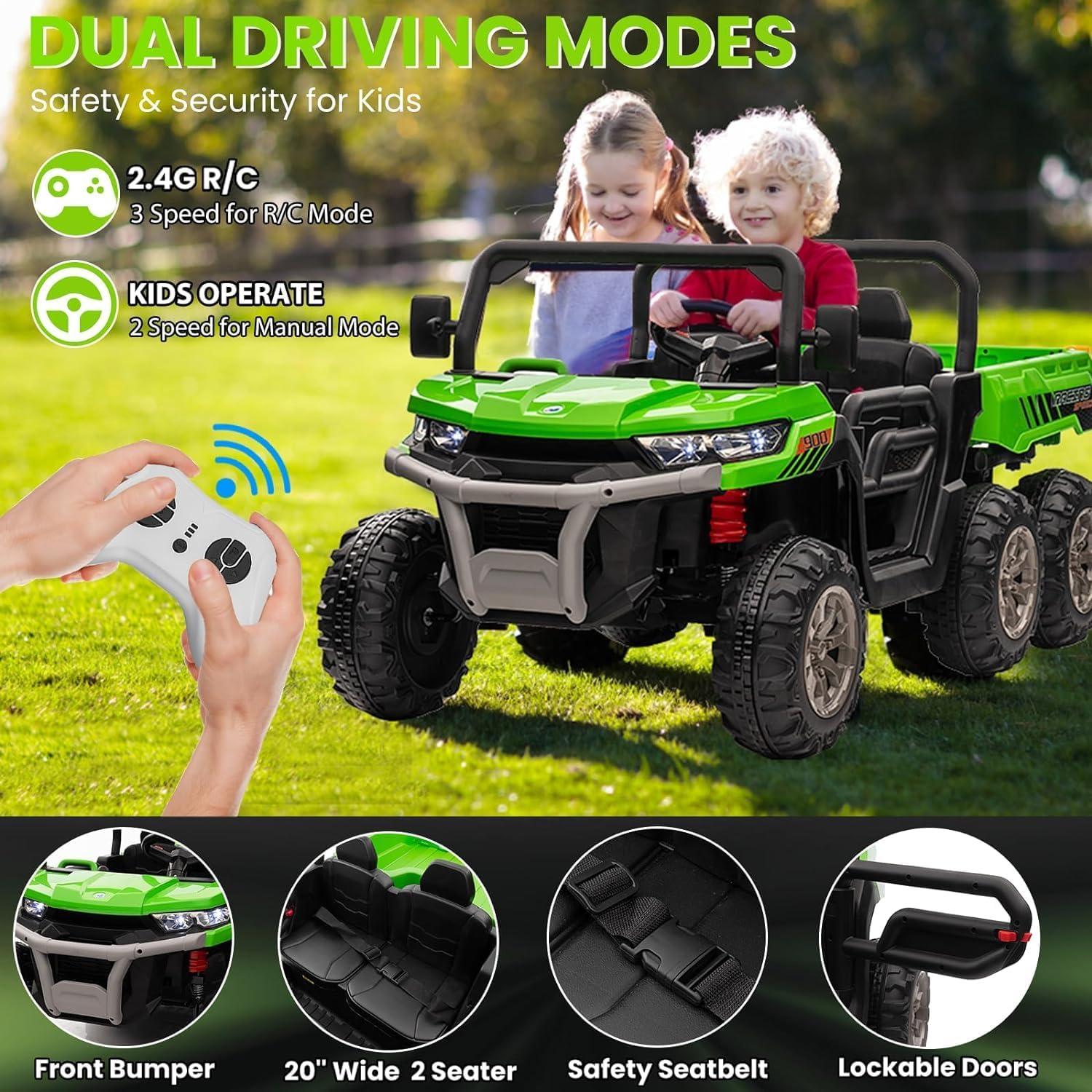 24V Ride on Toys with Remote Control, 2 Seater Electric Powered Ride on Dump Truck , 4WD 6-Wheel UTV Car w/ Tipping Bucket Trailer, Shovel, Suspension, Bluetooth Music, Big Kids, Green