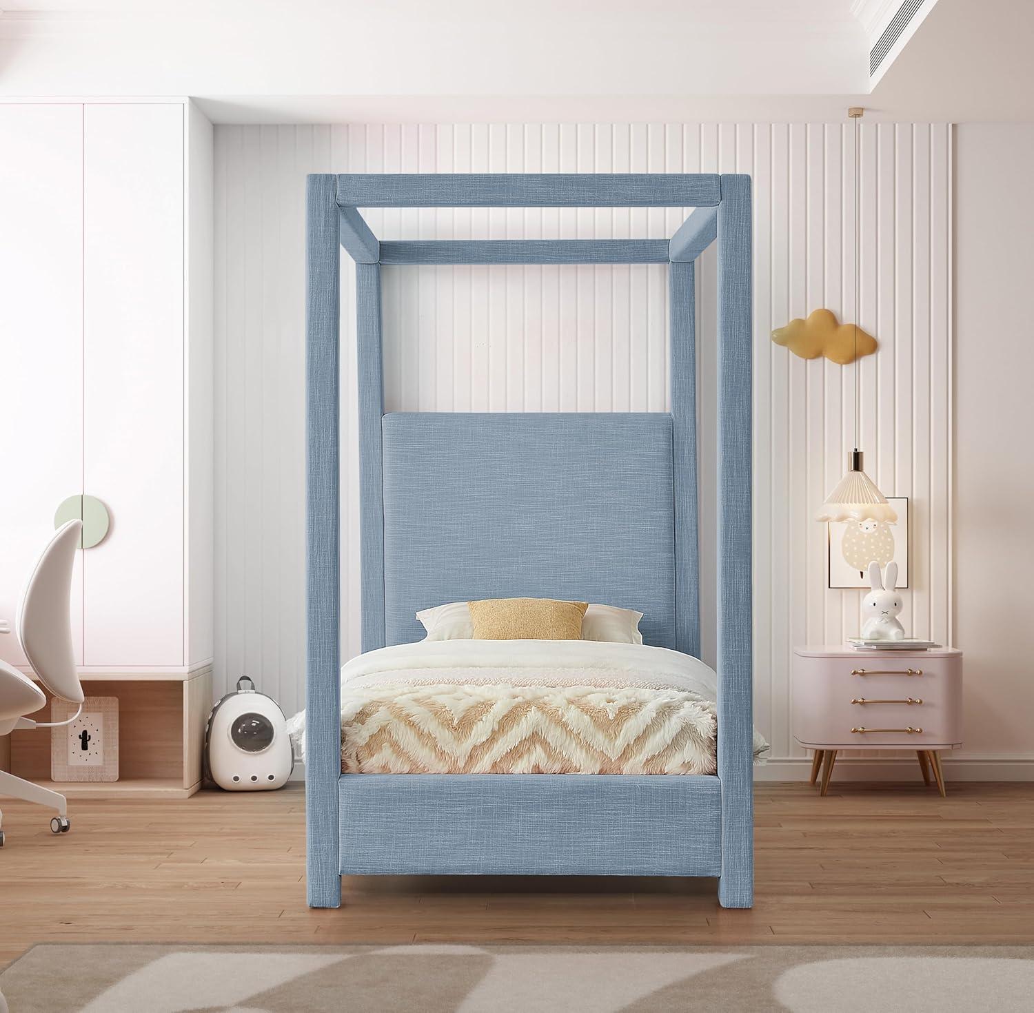 Meridian Furniture Emerson Sky Blue Linen Textured Fabric Queen Bed