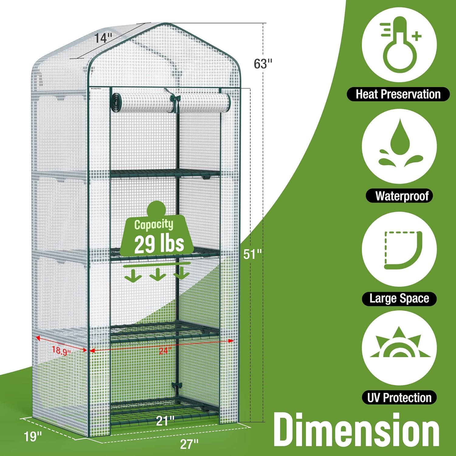 4-Tier White PE and Alloy Steel Mini Greenhouse with Roll-Up Door