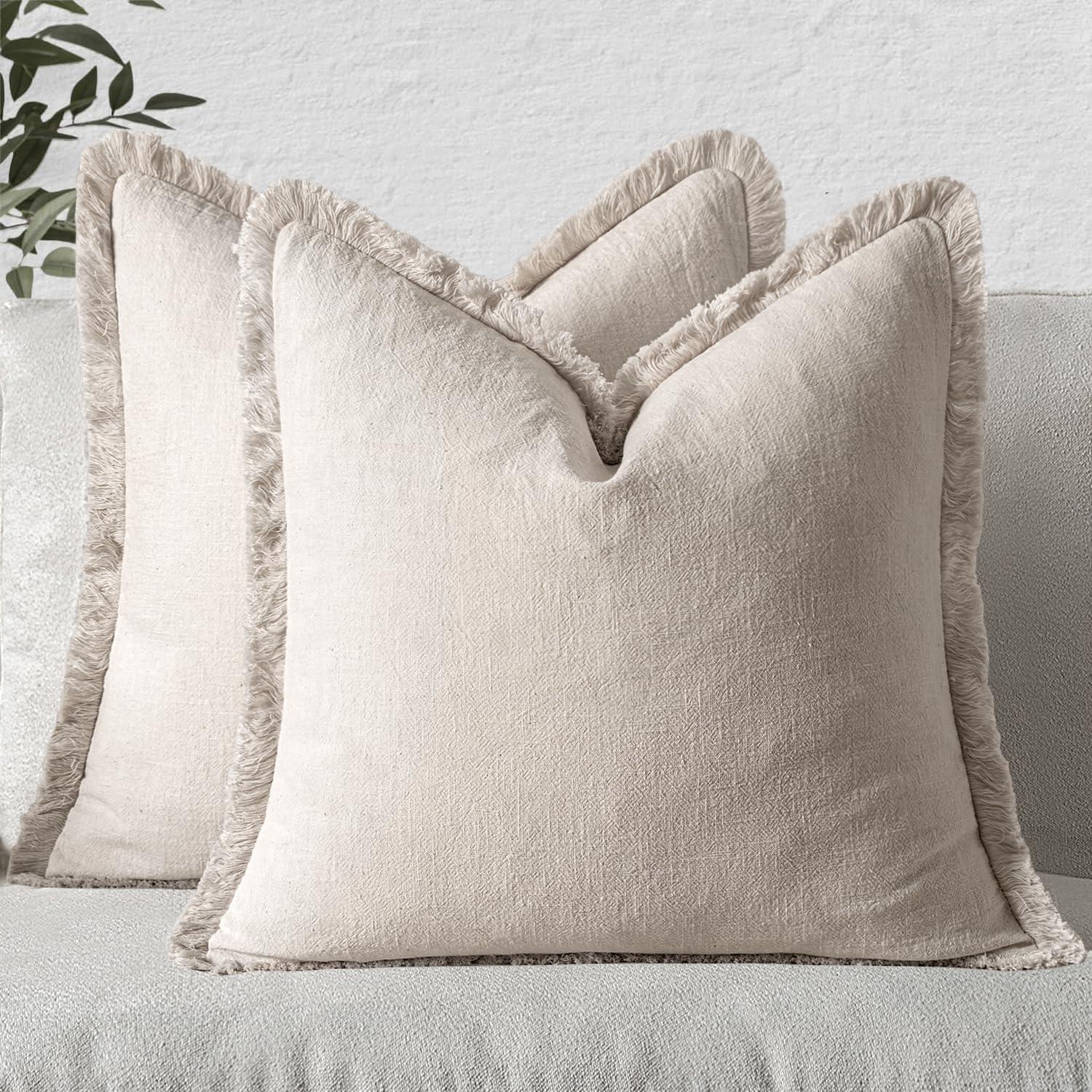 MIULEE Throw Pillow Covers Boho Farmhouse 18x18 Set of 2 Decorative Beige Couch with Fringe Chic Cotton Pillowcases Home Decor Accents for Cushion Soft Bed Living Room