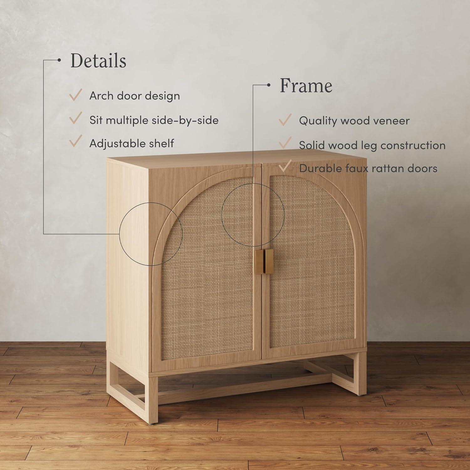 Nathan James Paxton Mid-Century Modern Wood Storage Cabinet with Doors, Arched Storage Cabinet for Living Room or Kitchen with Rattan Door Details, Raw Oak Set of 2