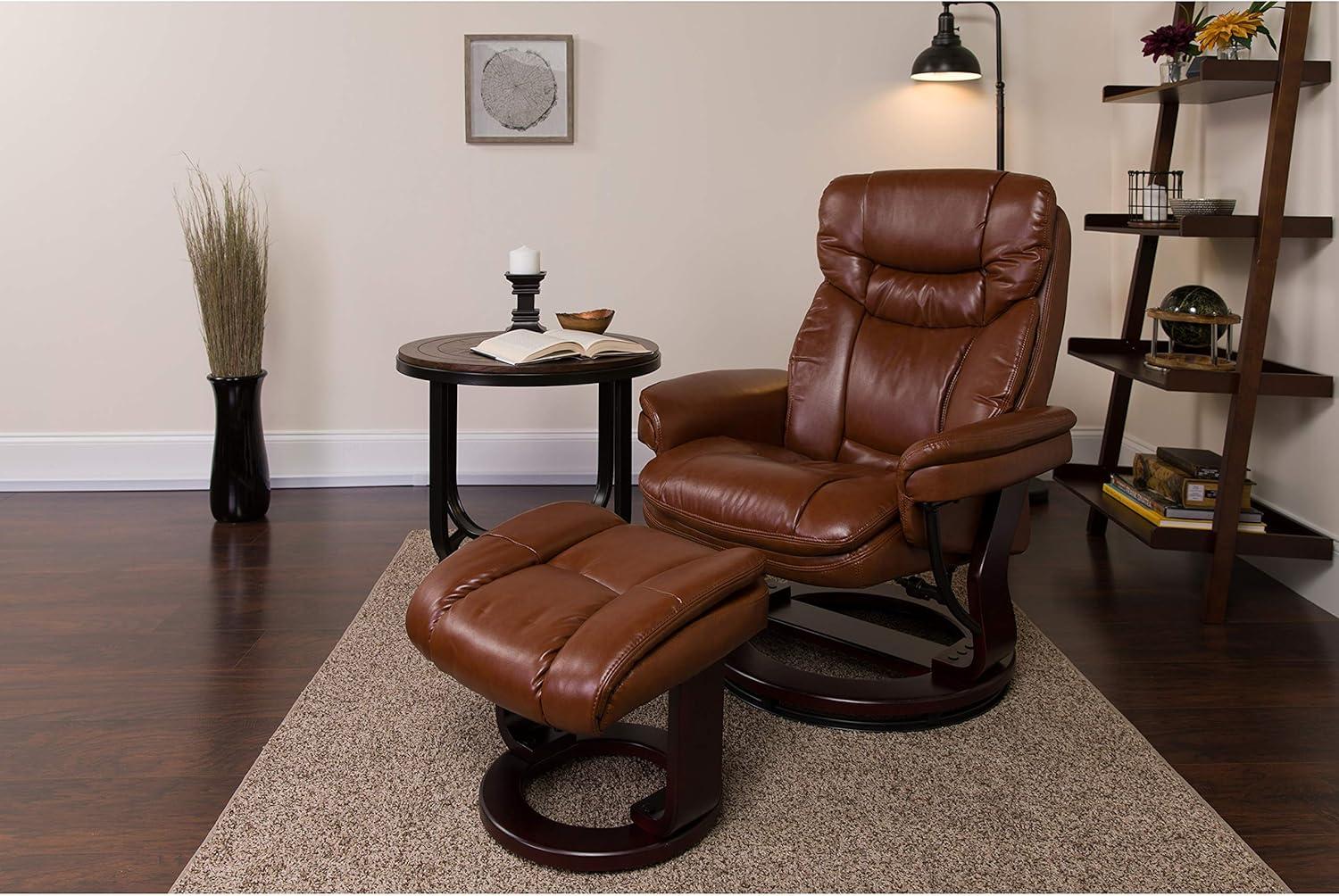 Flash Furniture Contemporary Multi-Position Recliner and Curved Ottoman with Swivel Mahogany Wood Base