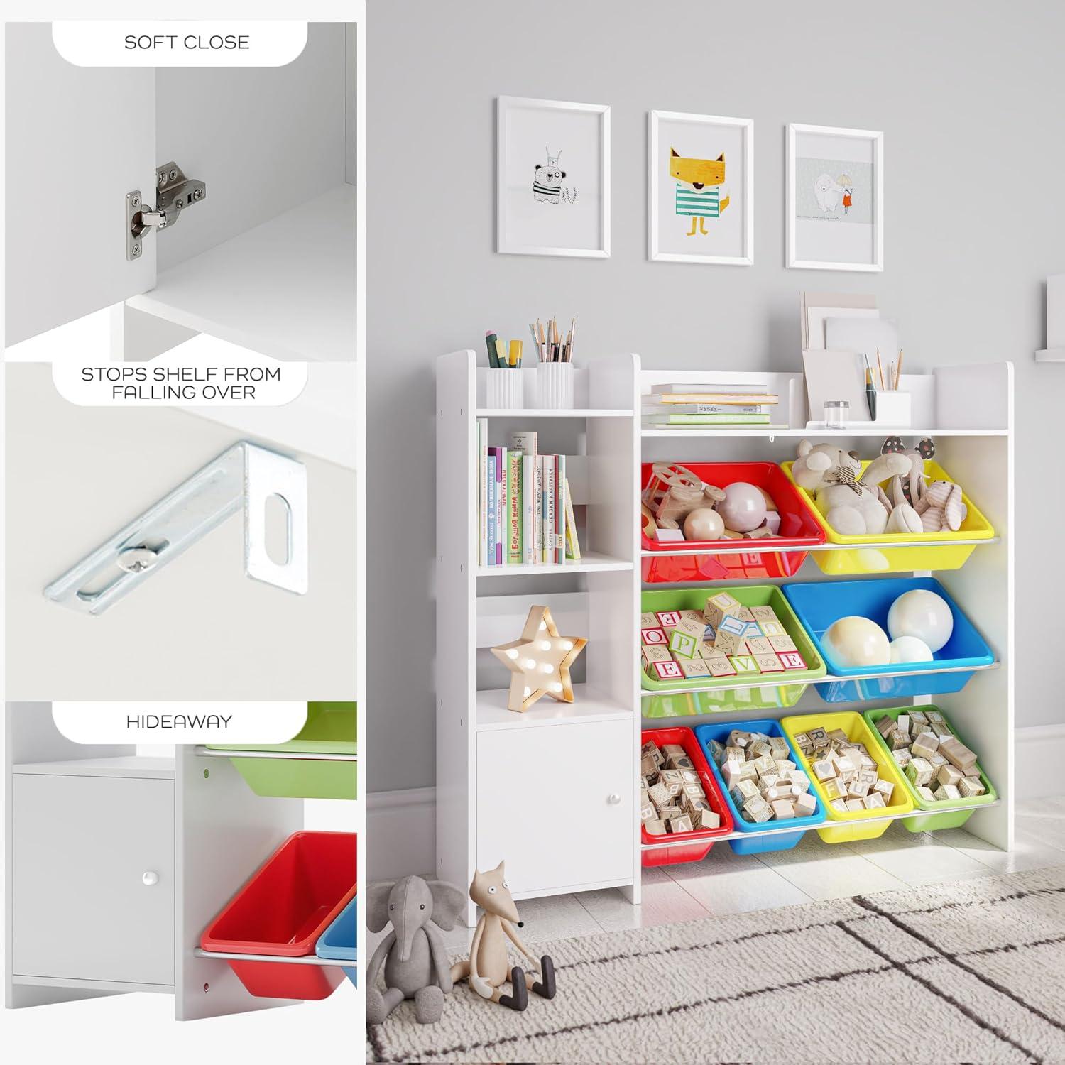 Sturdis Toy Storage Organizer with Bookshelf, Kids Playroom Organization Shelving Unit with Removable Colorful Storage Bins & Anti-Tip Bracket, White