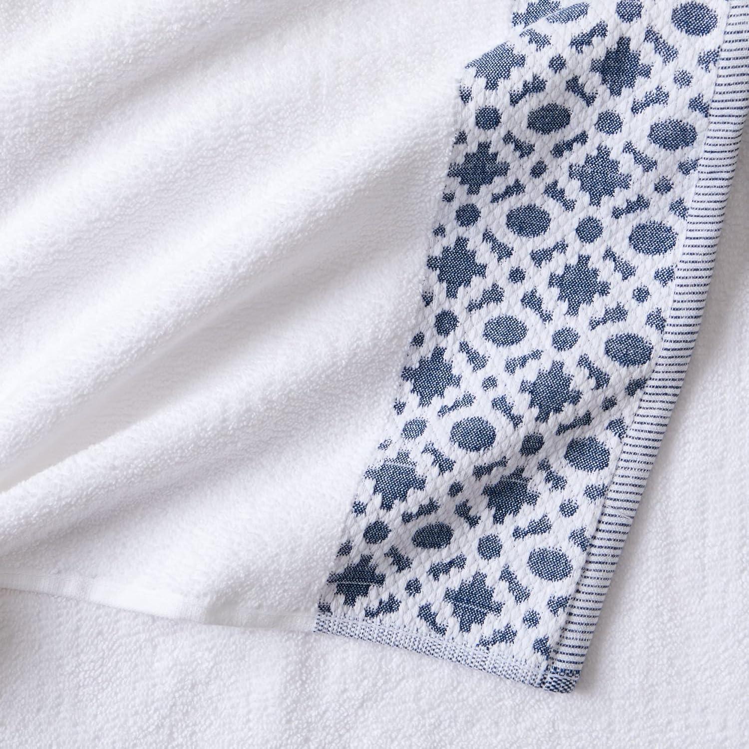 Nitra White and Navy Cotton Towel Set with Geometric Border