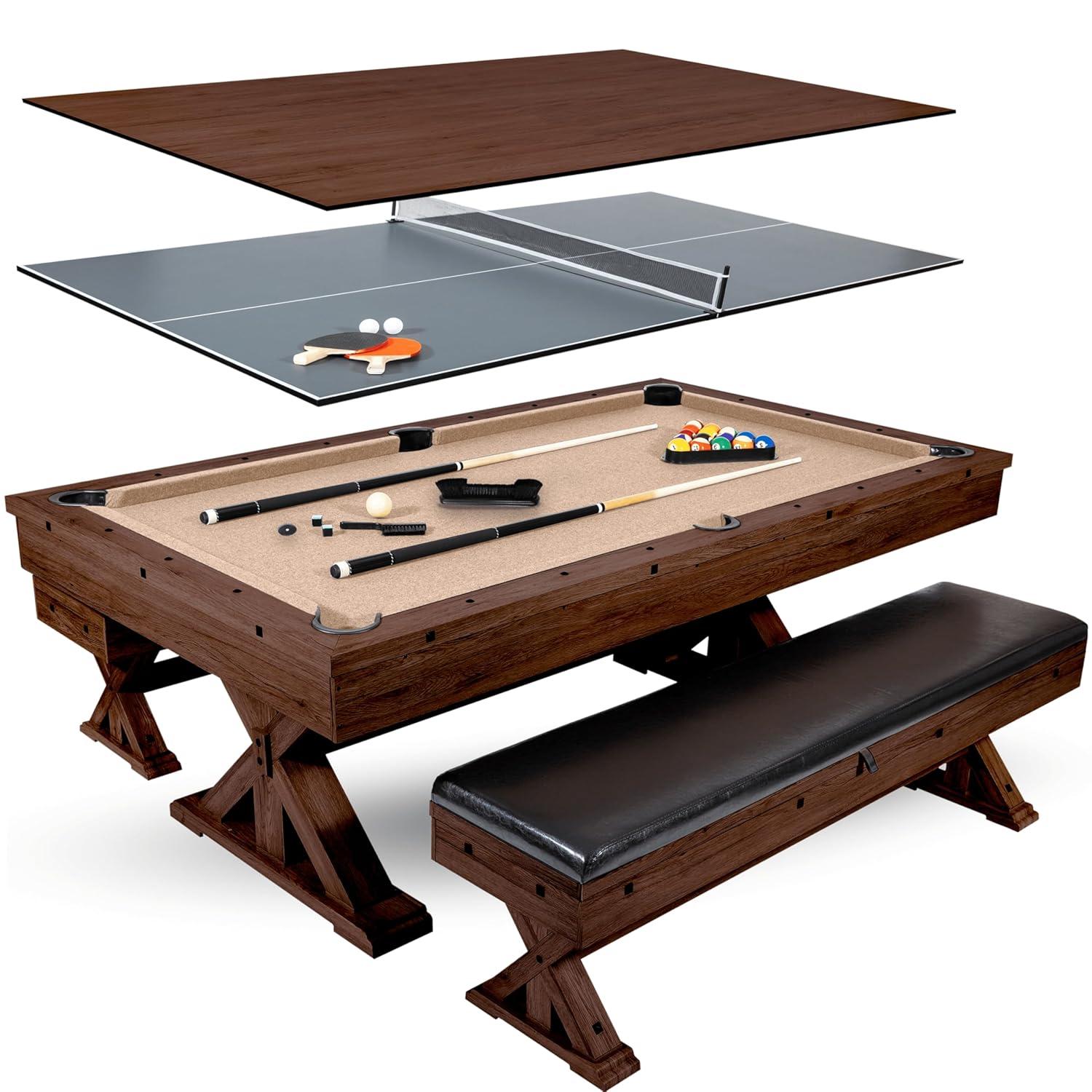 Freetime Fun 7 ft 3 in 1 Multi Game Table, Dining Top Pool and Ping Pong Table Combo with Benches