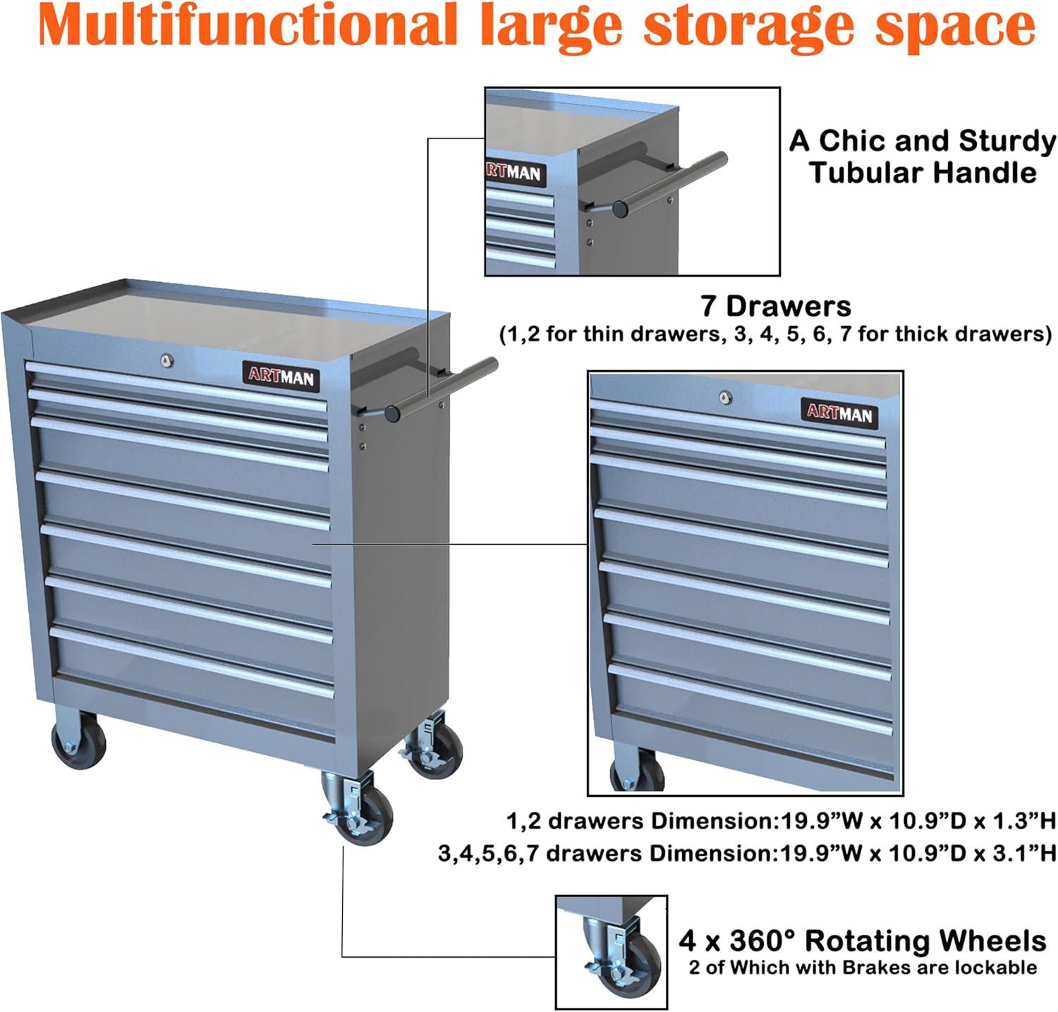 Silver 7-Drawer Rolling Tool Chest with Lock and Hooks