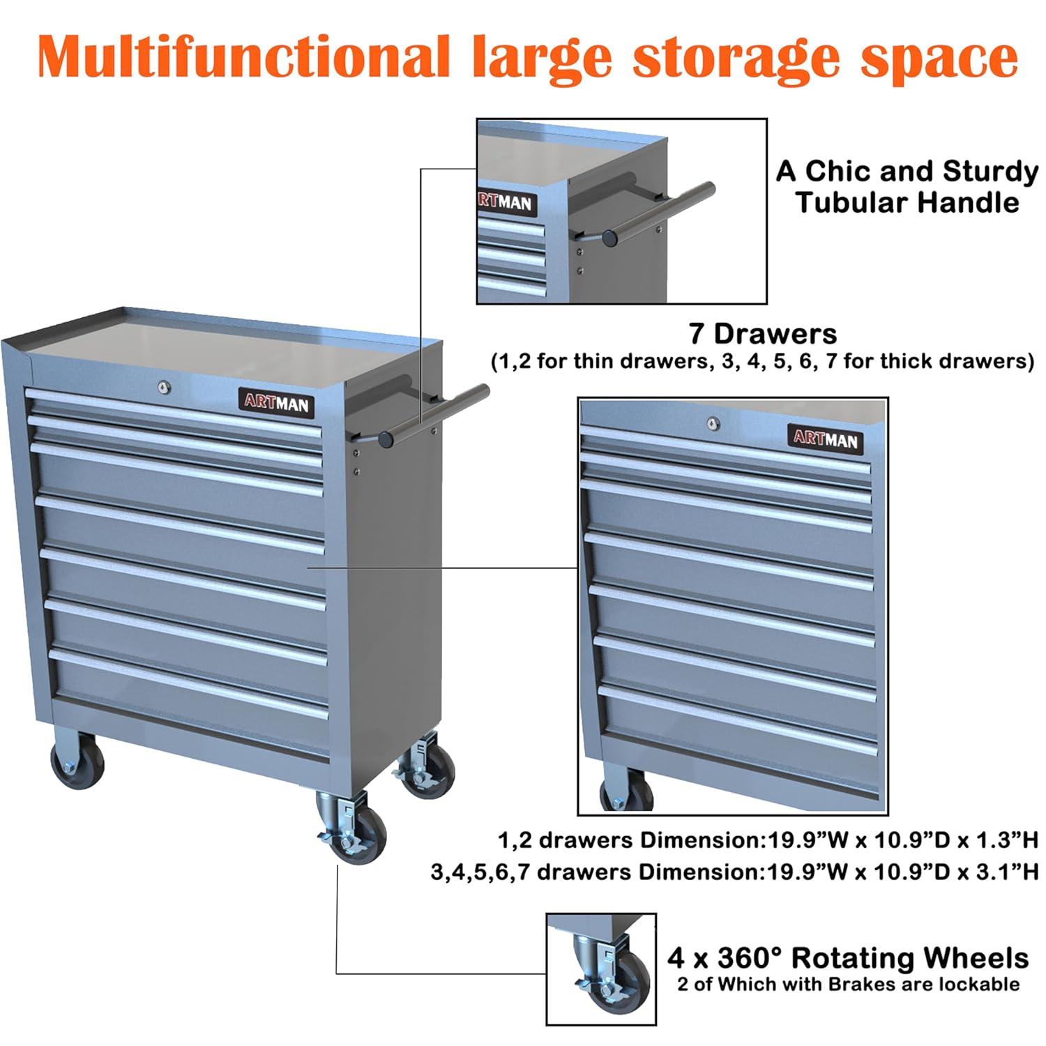 7 Drawers Tool Cart on Wheels,Multifunctional Rolling Tool Chest Tool Storage,Drawers Rolling Tool Trolley Organizer Tool Case for Garage, Warehouse, Workshop, Repair Shop (Silver)