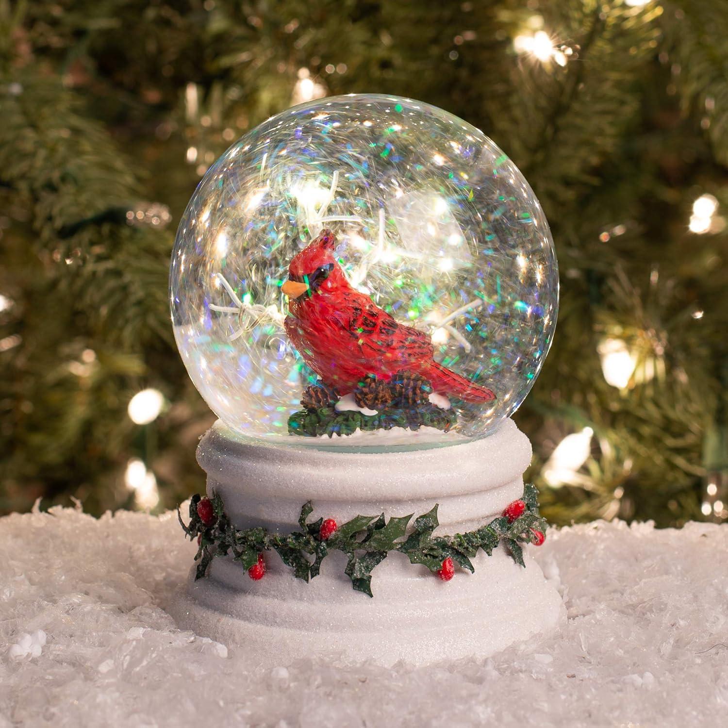 LED Glittery White Cardinal Snow Globe with Holly Trim