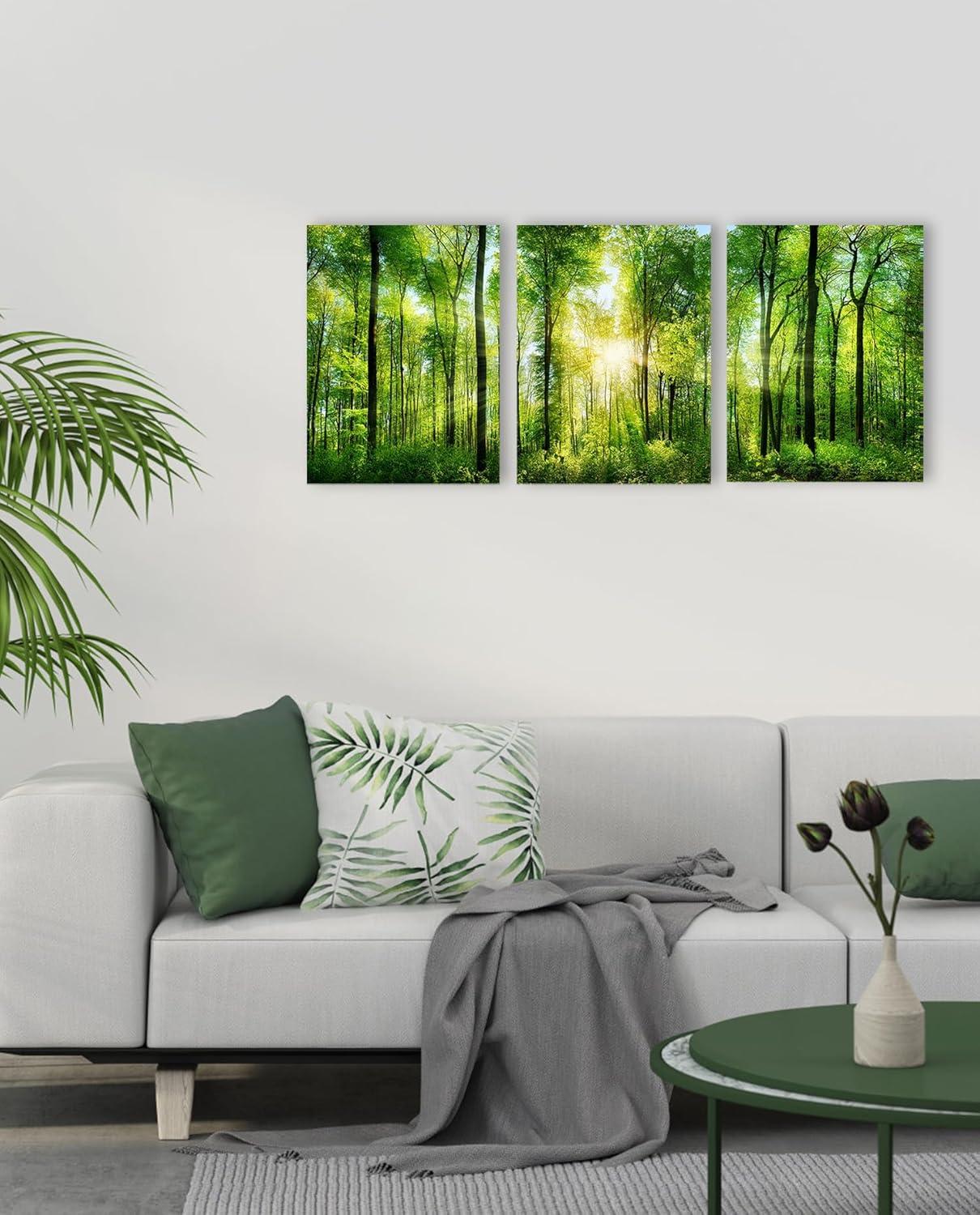 Forest Art Canvas Wall Decor: 3 Panel Nature Wall Art Landspace Paintings Framed Trees Green Pictures Sunrise Scenery Wall Decor for Living Room Bedroom Office Bathroom 12 x 16 Inch