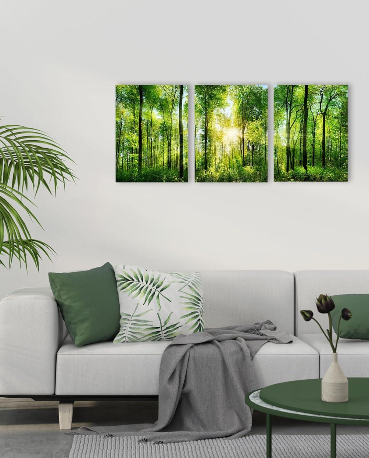 3 Panel Nature Wall Art ,Landscape Paintings Framed Trees Green Pictures Sunrise Scenery Wall Decor