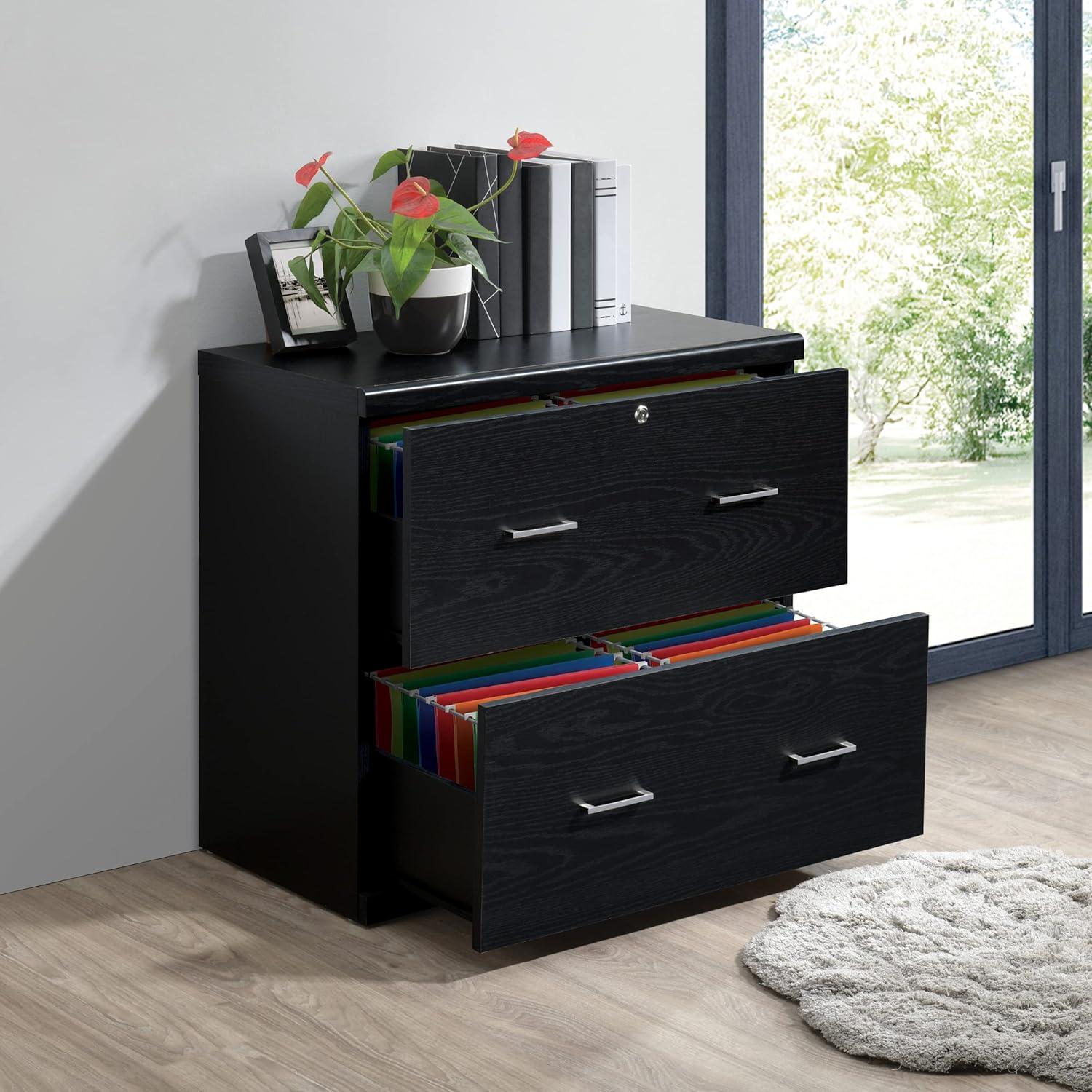 Black Engineered Wood 2-Drawer Lockable Lateral File Cabinet