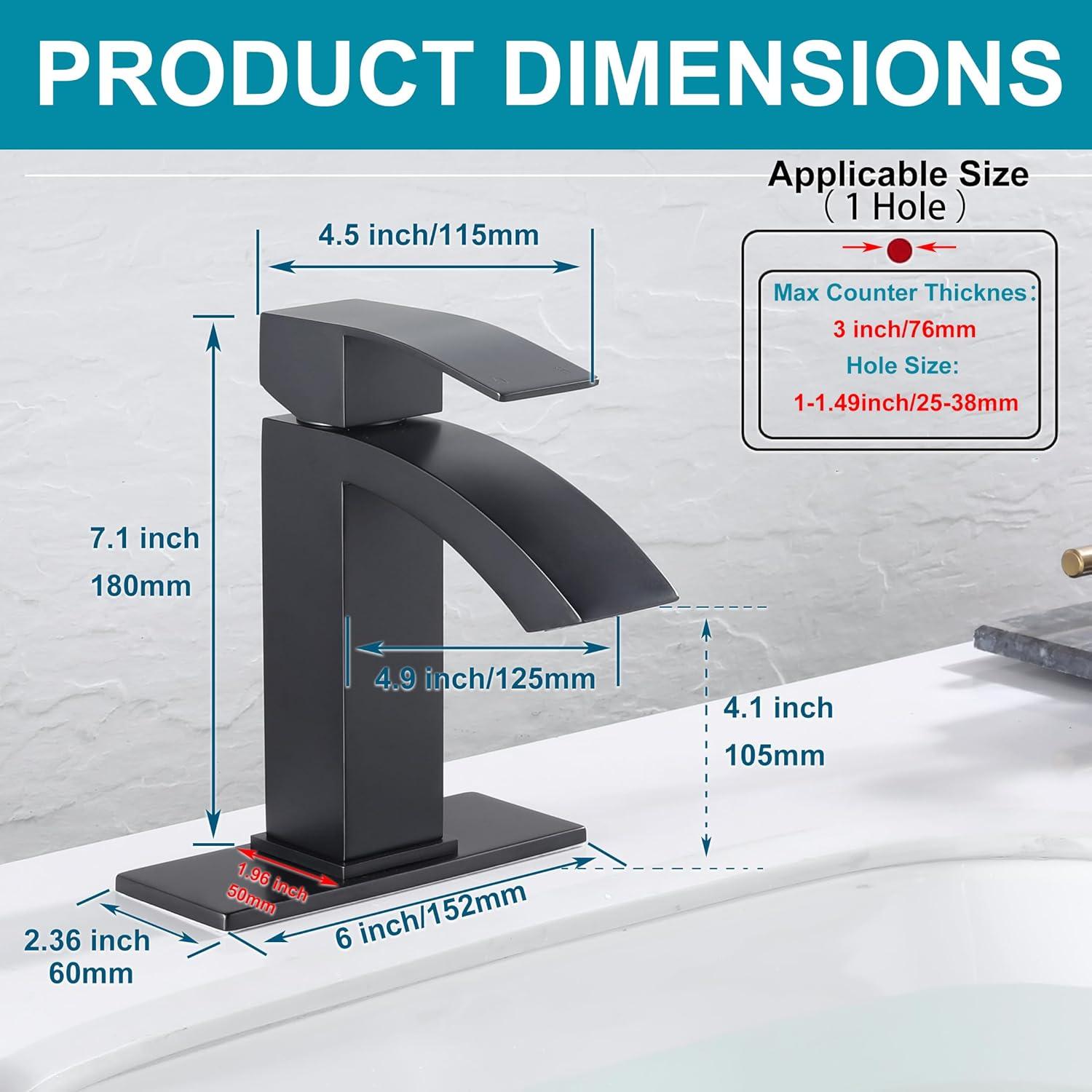 Matte Black Single Handle Waterfall Bathroom Faucet with Pop-Up Drain