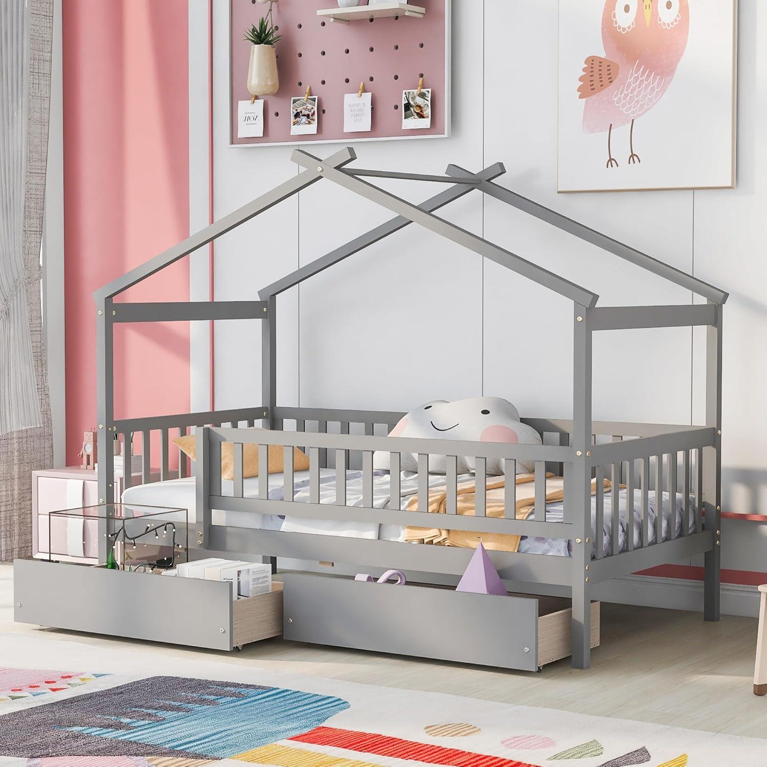 Twin House Bed with 2 Storage Drawers, Kids Twin Bed Frame with Rails and Roof, Tent Bed, Wooden Twin Daybed, Twin Montessori Bed for Kids Teens Girls & Boys, No Box Spring Needed (Gray)
