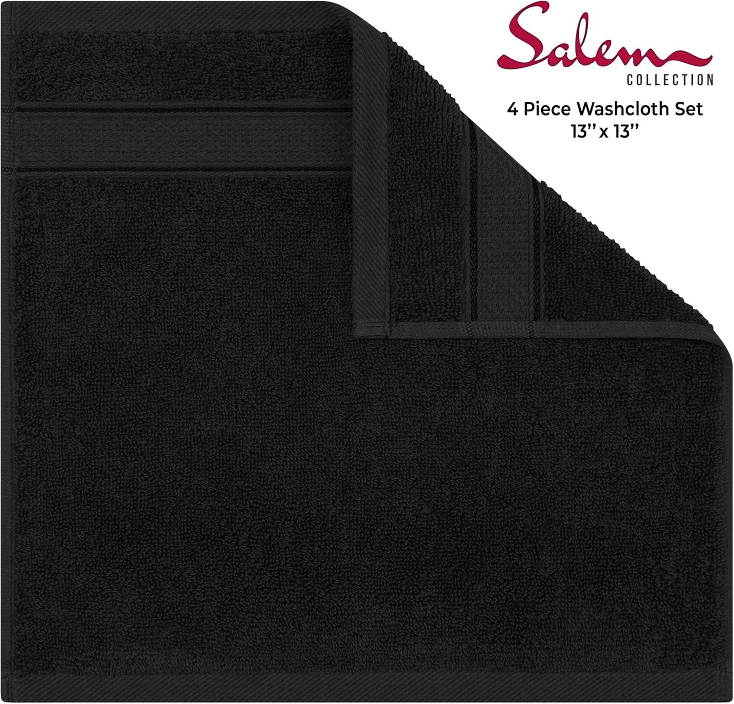 American Soft Linen Salem 4 Pack Washcloth Set, 100% Cotton Washcloth Hand Face Towels for Bathroom and Kitchen, Black