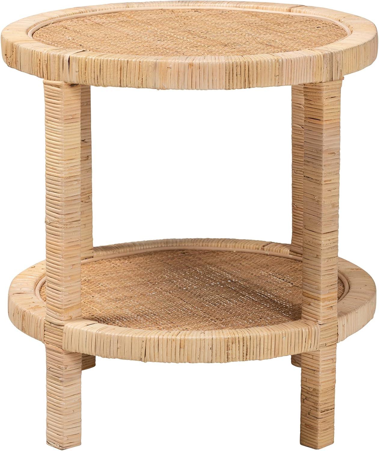 Bella Mahogany Wood and Natural Rattan 2 Tier End Table Natural Brown - Baxton Studio