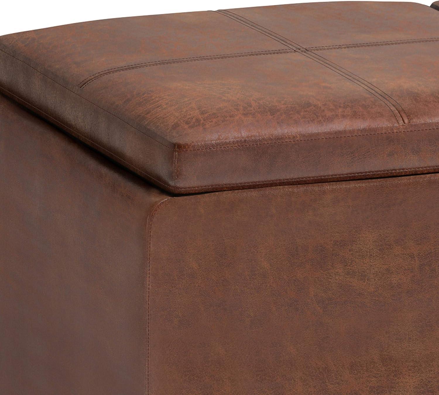 Simpli Home Avalon Storage Ottoman In Distressed Saddle Brown Vegan Faux Leather