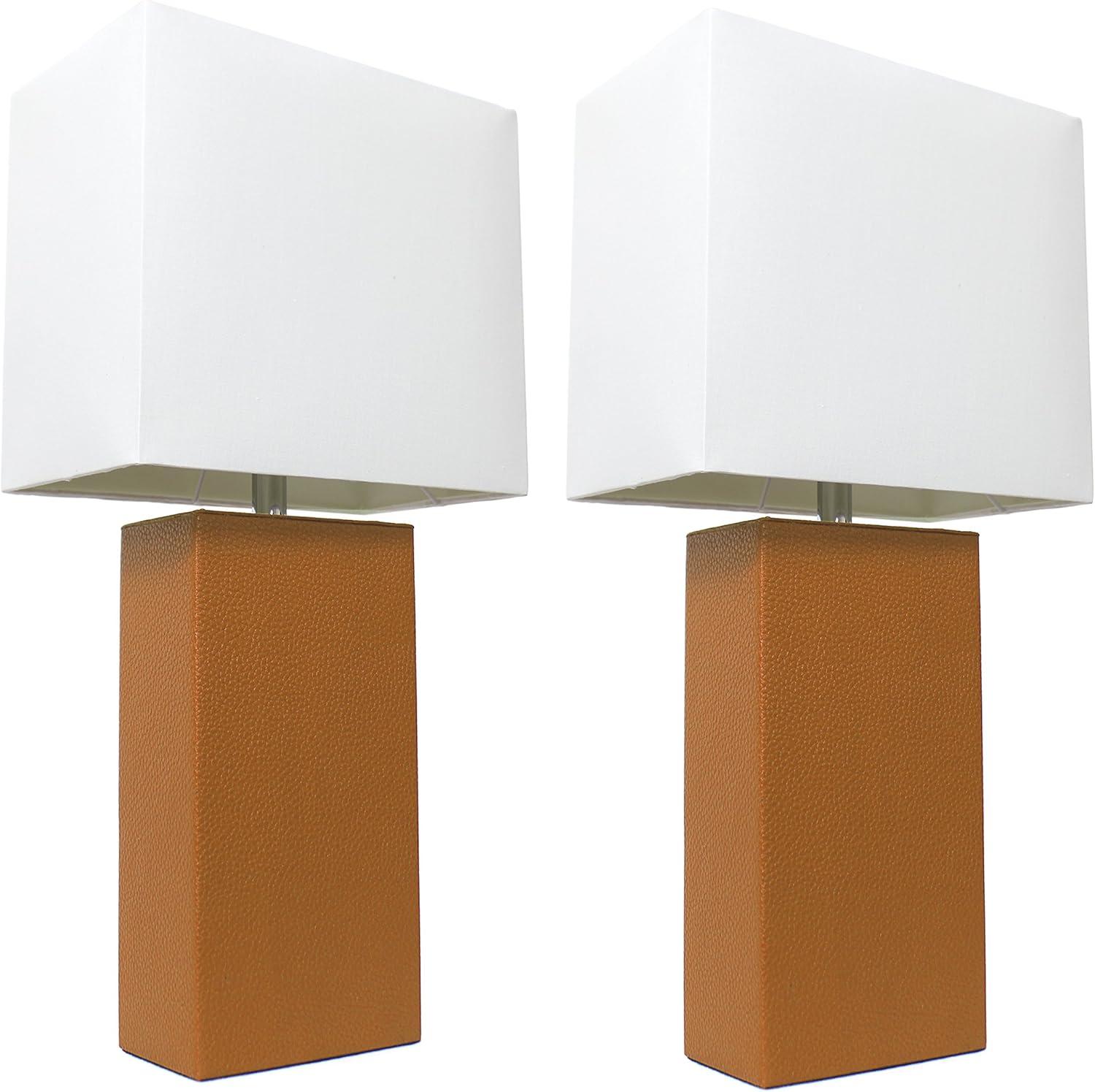 Tan Leather Table Lamp Set with White Shades, 21-inch