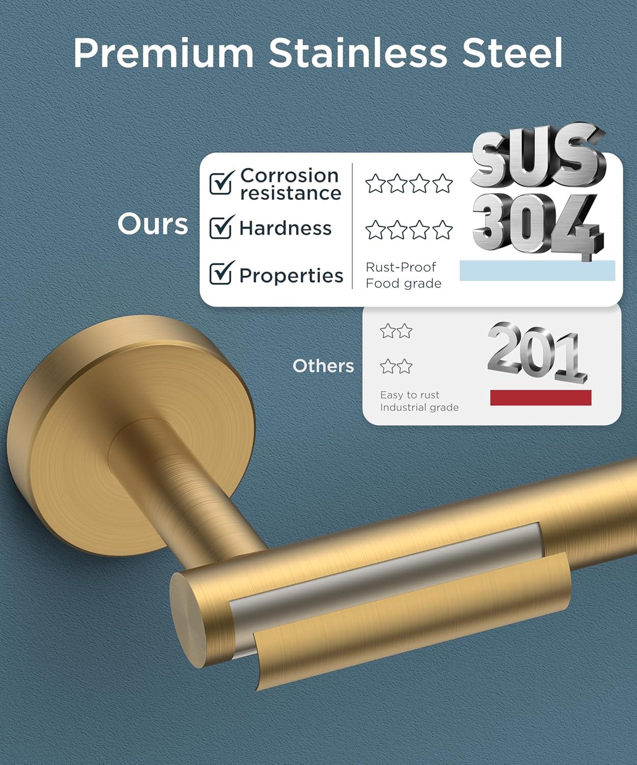 MOGFCT Toilet Paper Holder Brushed Gold Wall Mounted, Double Post Pivoting Toilet Paper Holder SUS 304 Stainless Steel Bathroom