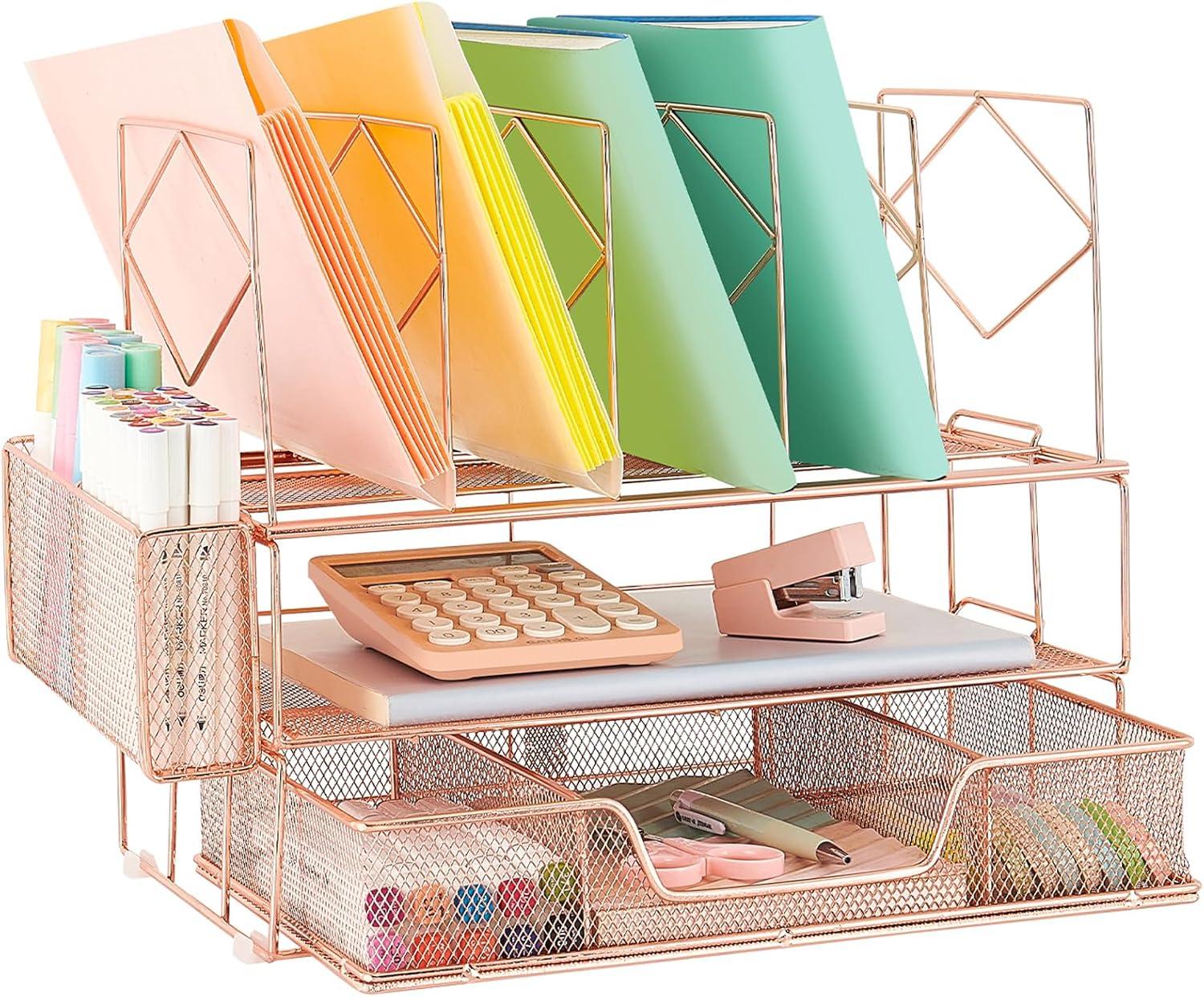 Desk Organizers and Desk Accessories - Rose Gold Desk Organizer with File Sorters, File Organizer with Drawer, Desk Accessories & Workspace Organizers for School Office Supplies