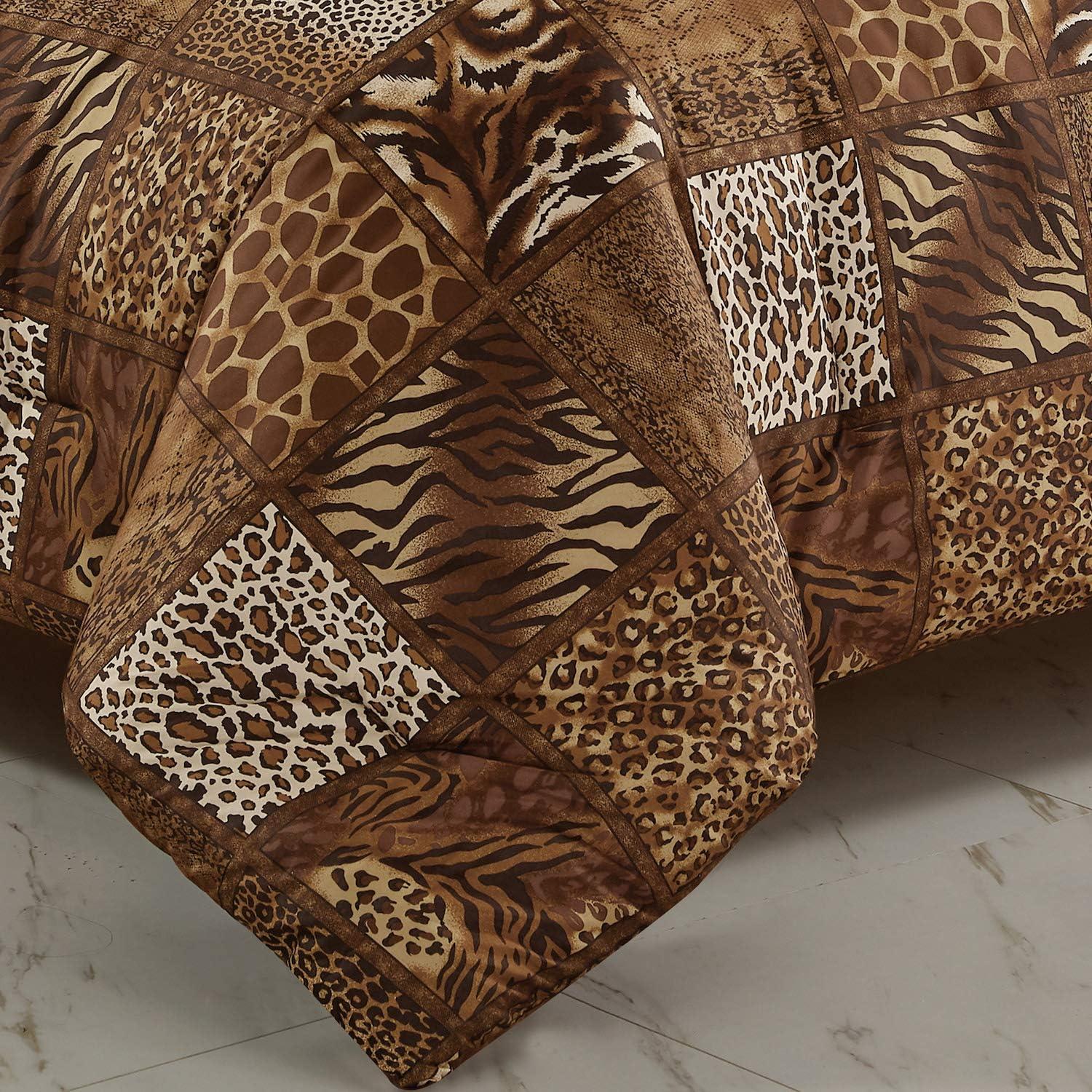 WPM 2 Piece Animal Print Comforter with Pillow Sham, Chocolate Brown Leopard Zebra Giraffe Jungle Forest Theme Design Twin Size Bedding set- Safari