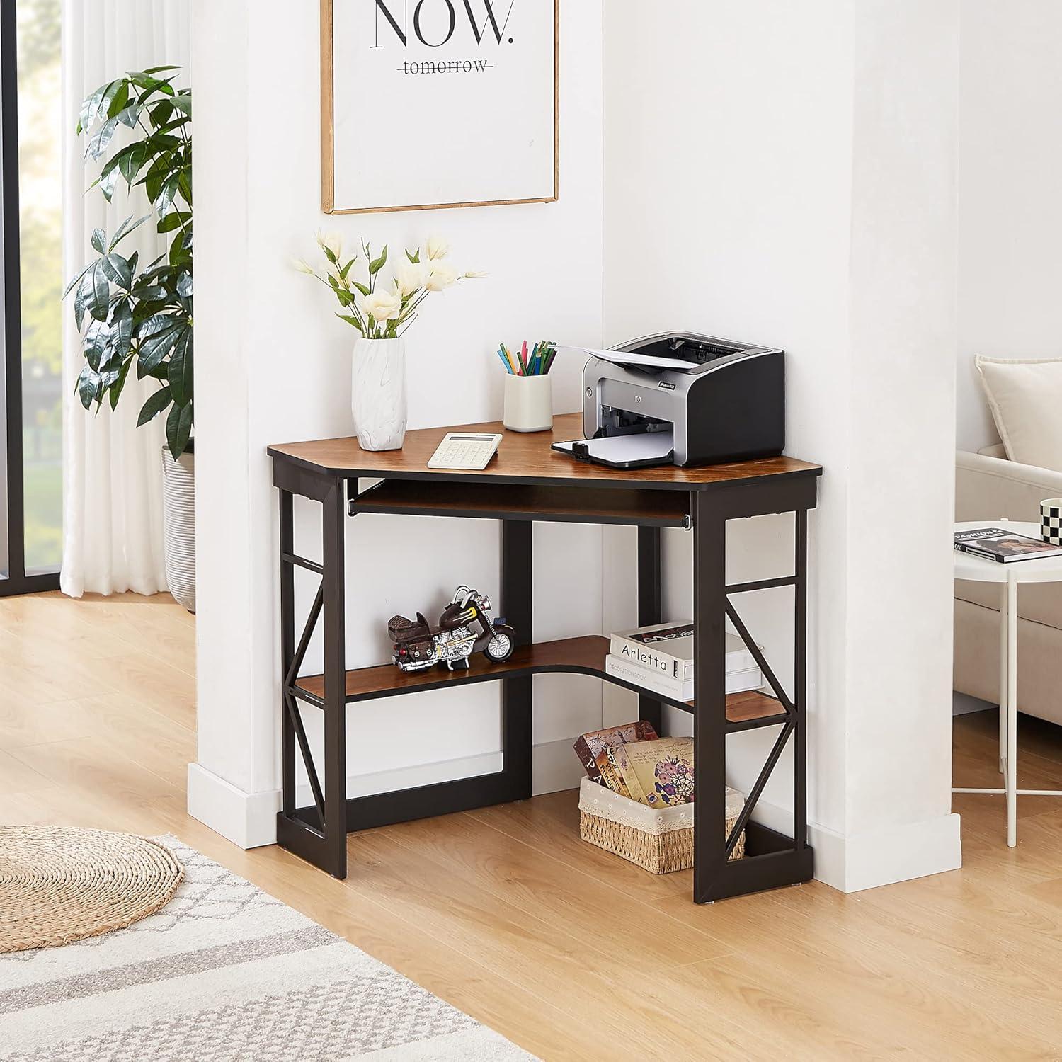 VECELO Corner Work/Writing, Compact Home Office Desk,with Smooth Keyboard Tray & Storage Shelves, Teakwood Brown