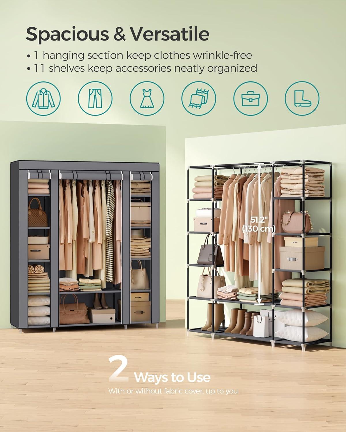 SONGMICS 59" Closet Wardrobe Portable Closet Organizer Storage Clothing Rack Shelf with Non-Woven Fabric Cover Gray